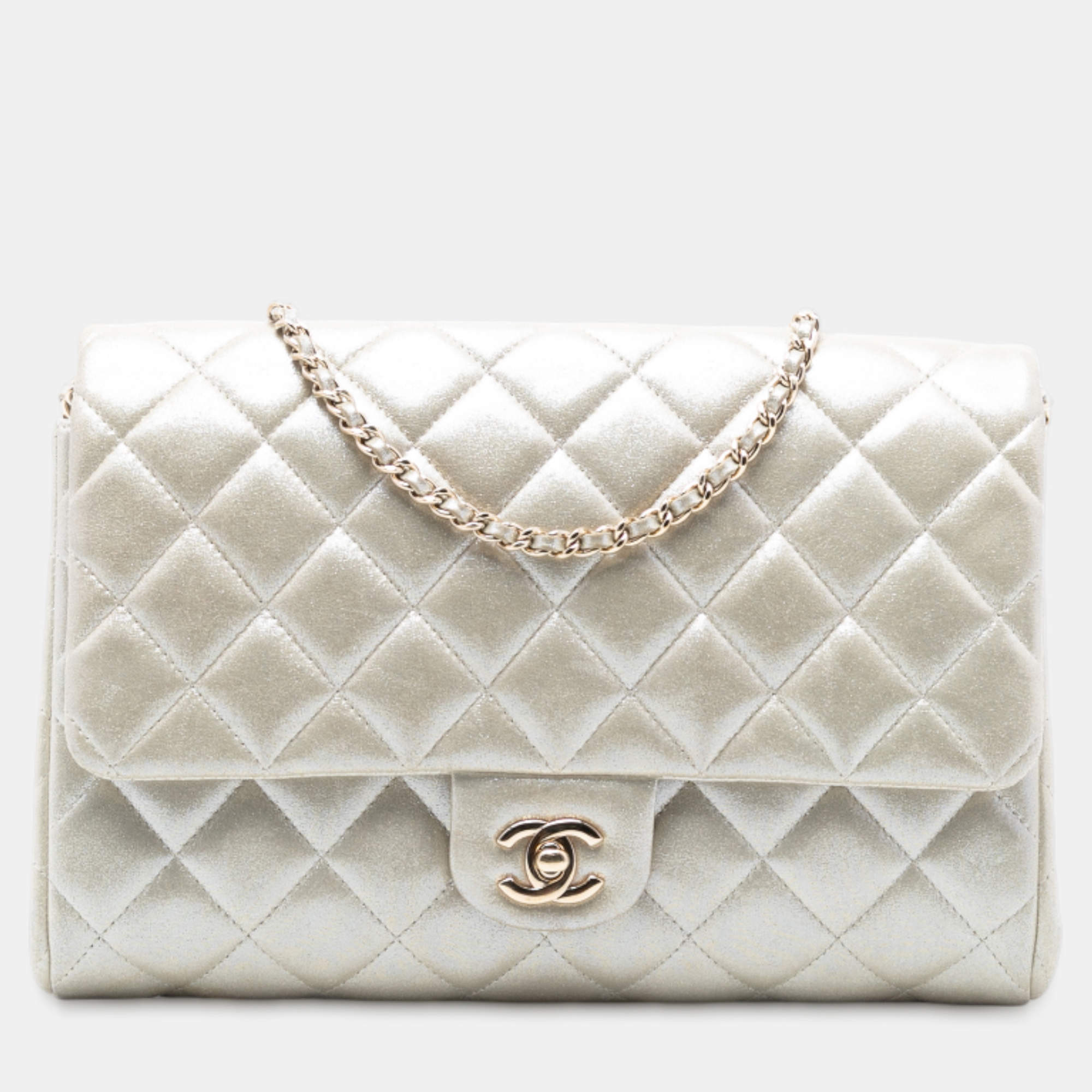 Pre Owned حقيبة كلاتش بشنطة شانيل جلد حمل مضلع متاليك ذهبي سي سي سلسلة