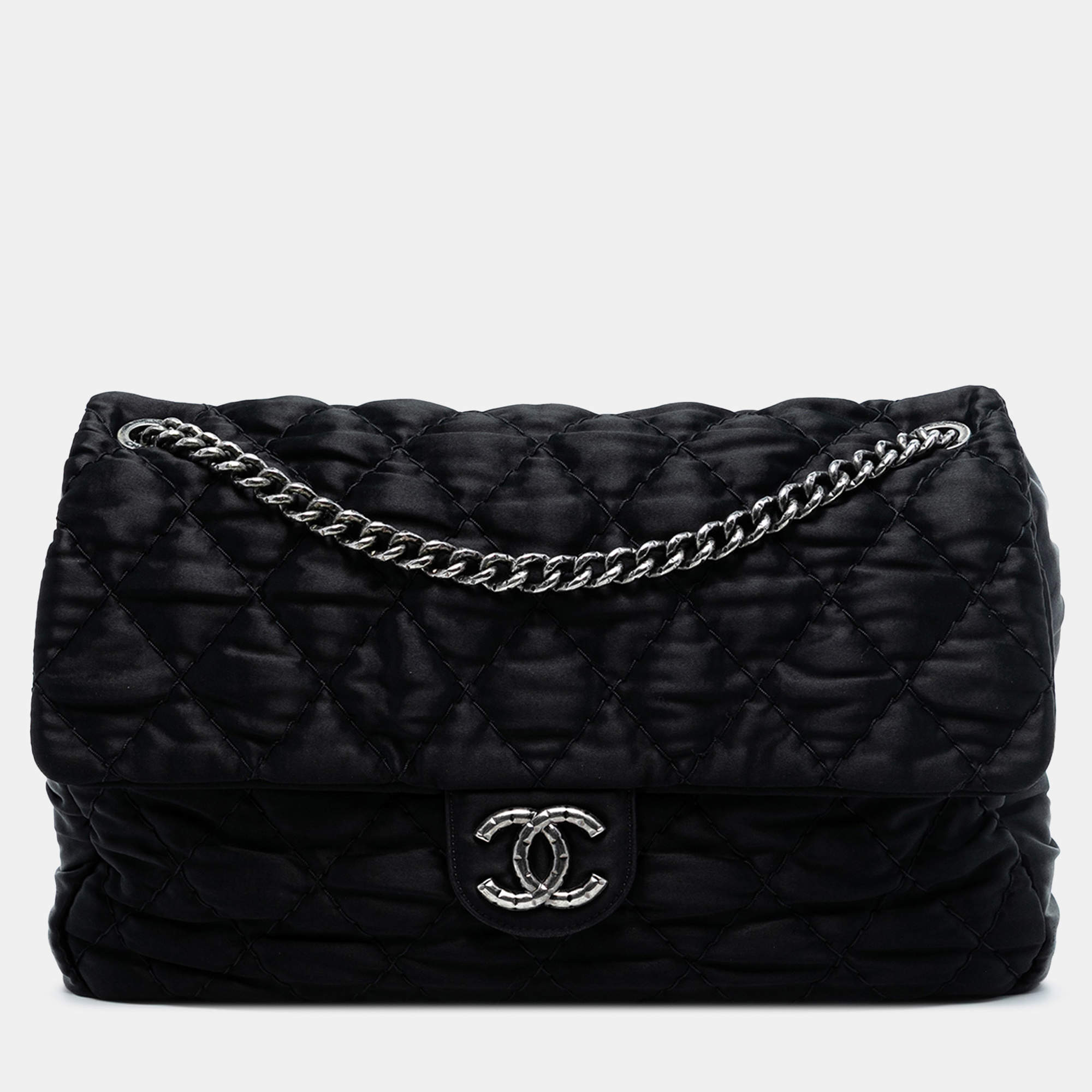 Pre Owned Chanel Black Extra Large CC Quilted Satin Single Flap
