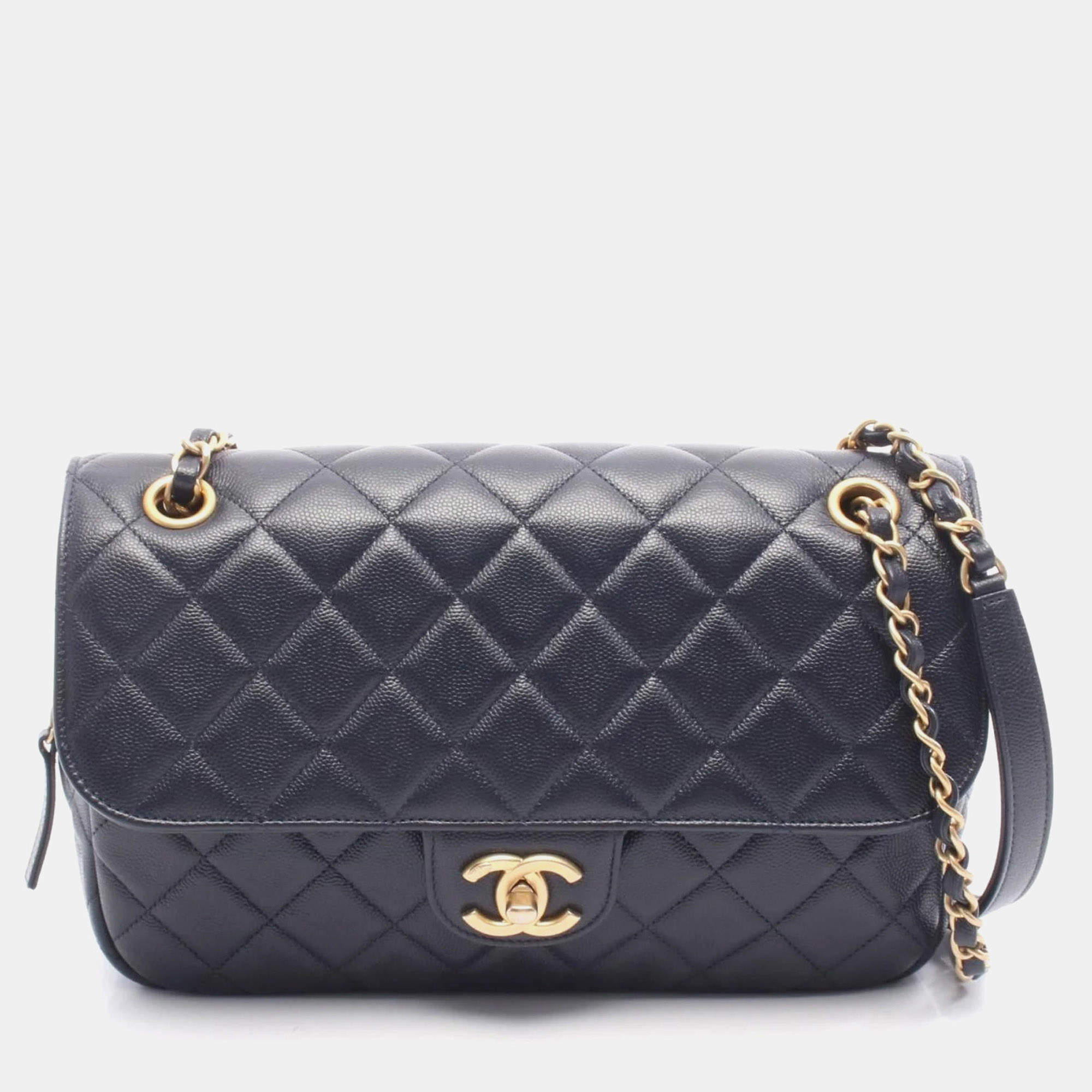 Pre Owned Chanel Matelasse Shoulder Bag In Grained Calfskin Leather Navy Blue