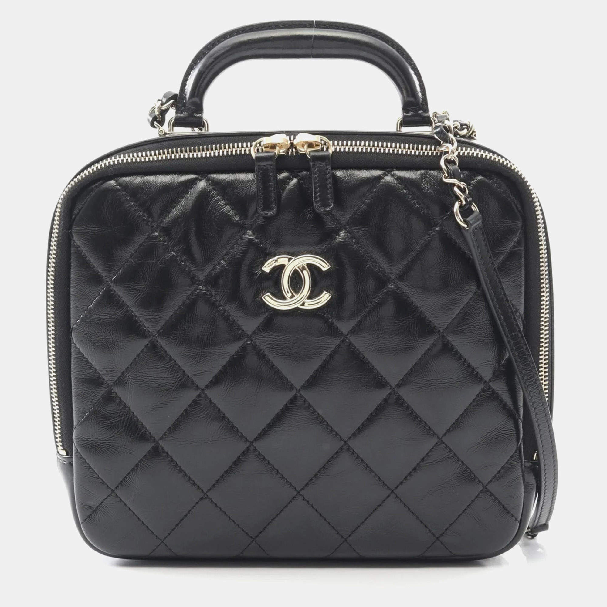 Pre Owned Chanel Matelasse Top Handle Shoulder Bag In Shiny Calfskin Leather Black