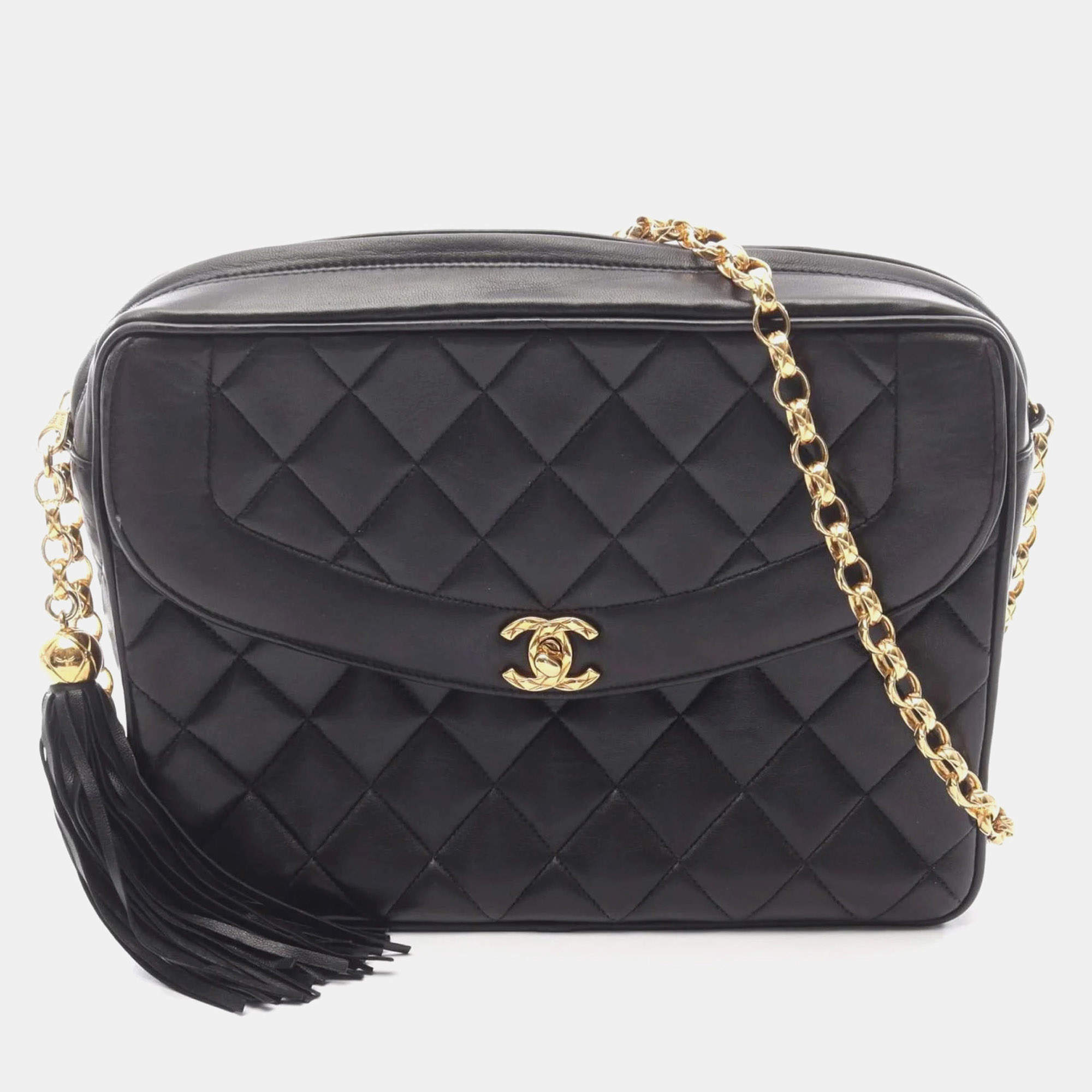 Pre Owned Chanel Matelasse Diana Flap Shoulder Bag In Lambskin Leather Black