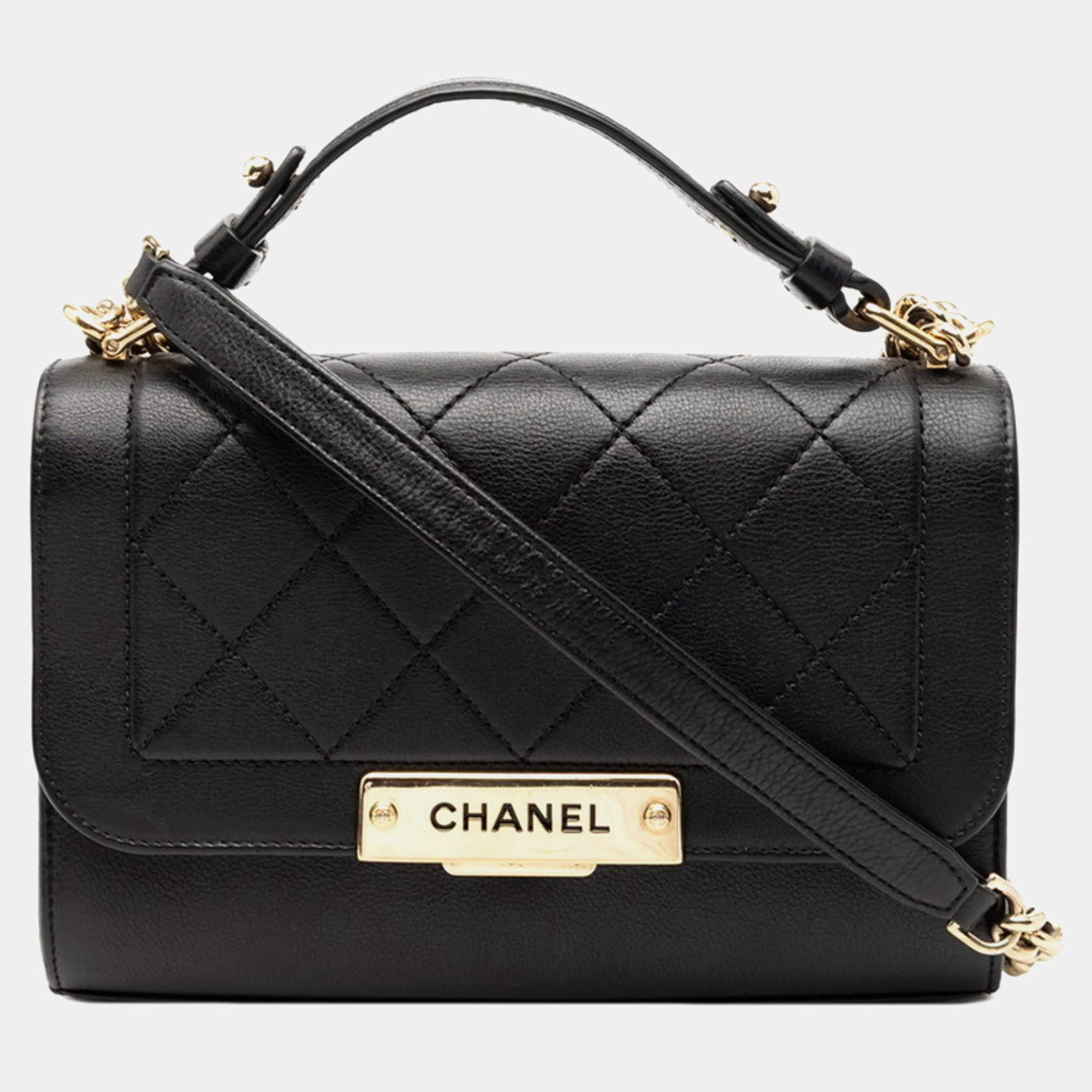 Pre Owned Chanel Matelasse Click Label Handbag Chain Shoulder Bag Black Leather