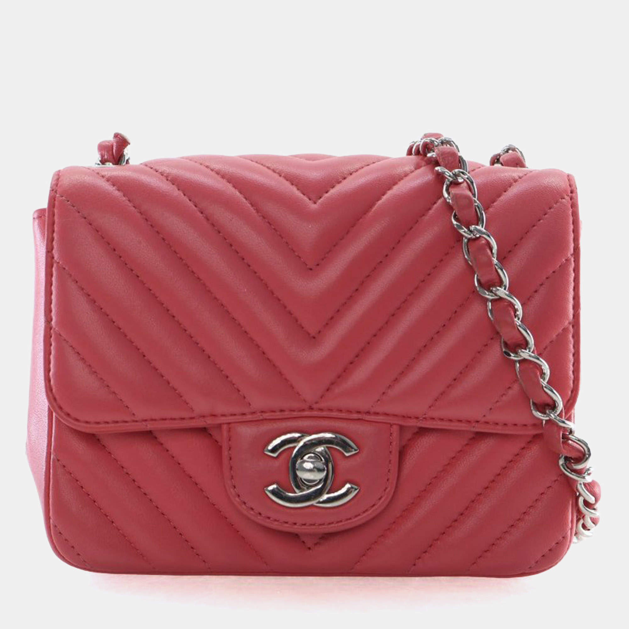 Pre Owned Chanel Mini Pink Lambskin Chevron Square Classic Flap Bag