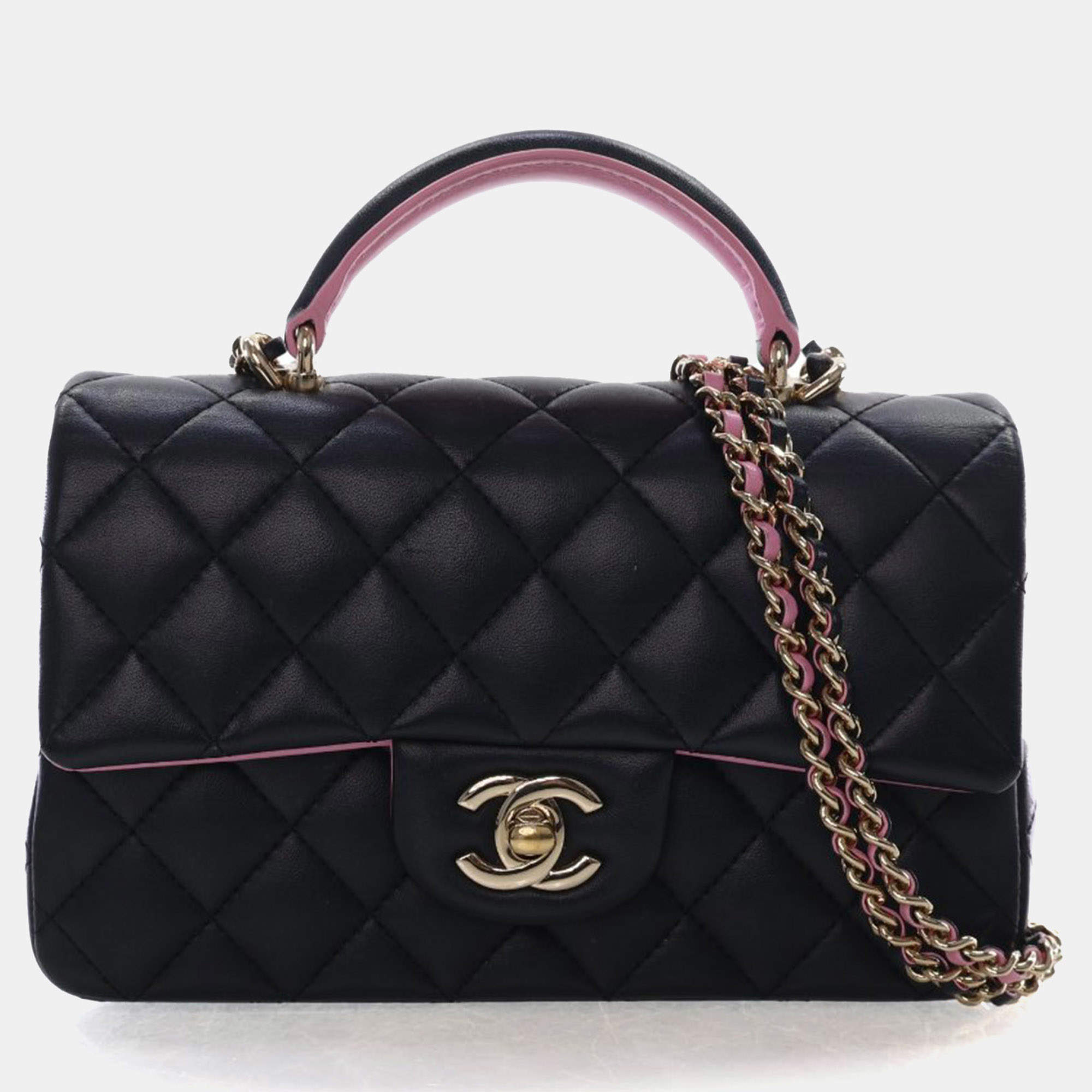 Pre Owned حقيبة شانيل كلاسيك فلاب ذات مقبض علوي مستطيل جلد حمل صغير باللون الأسود والوردي