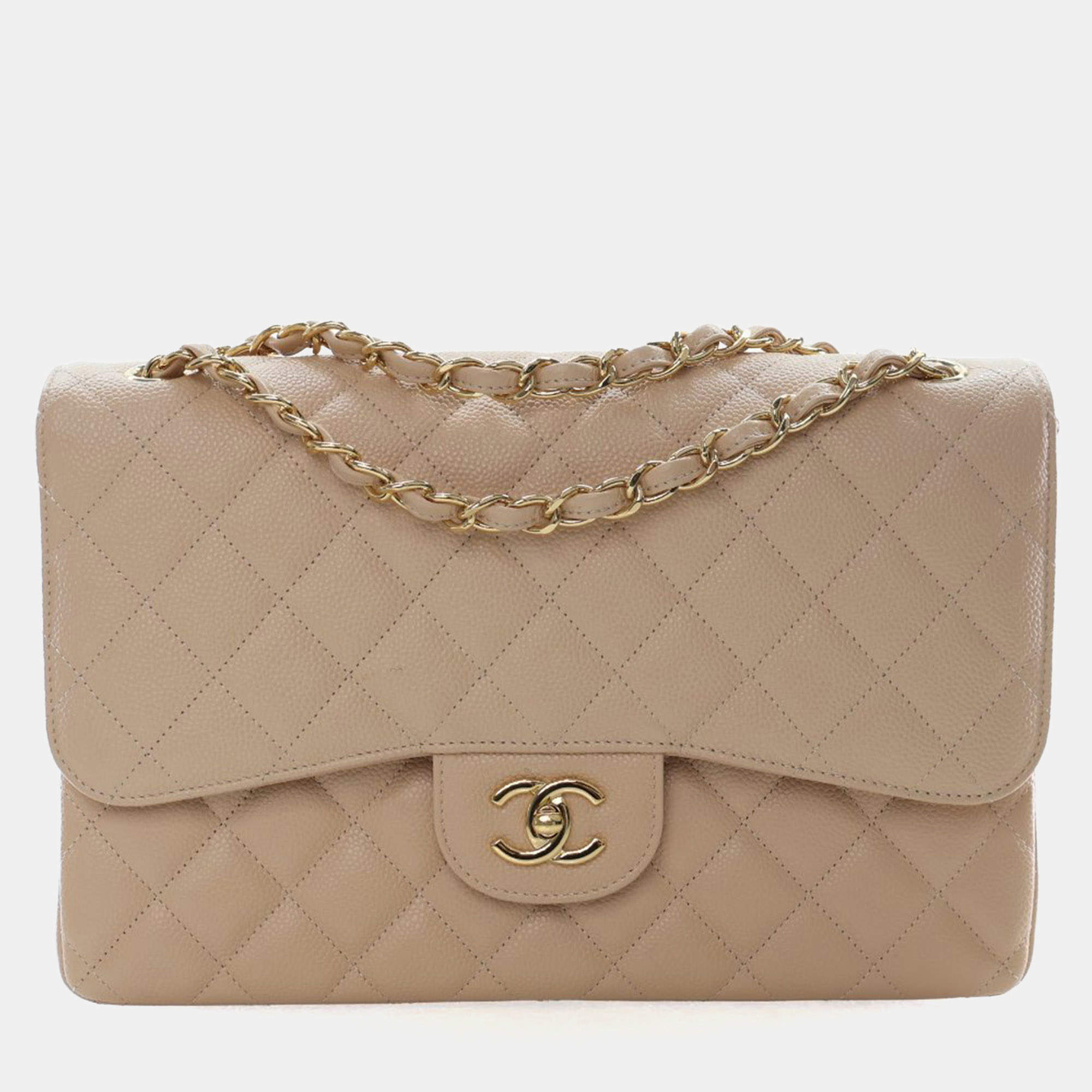 Pre Owned Chanel Jumbo Caviar Classic Double 24K Gold Hardware Flap Bag