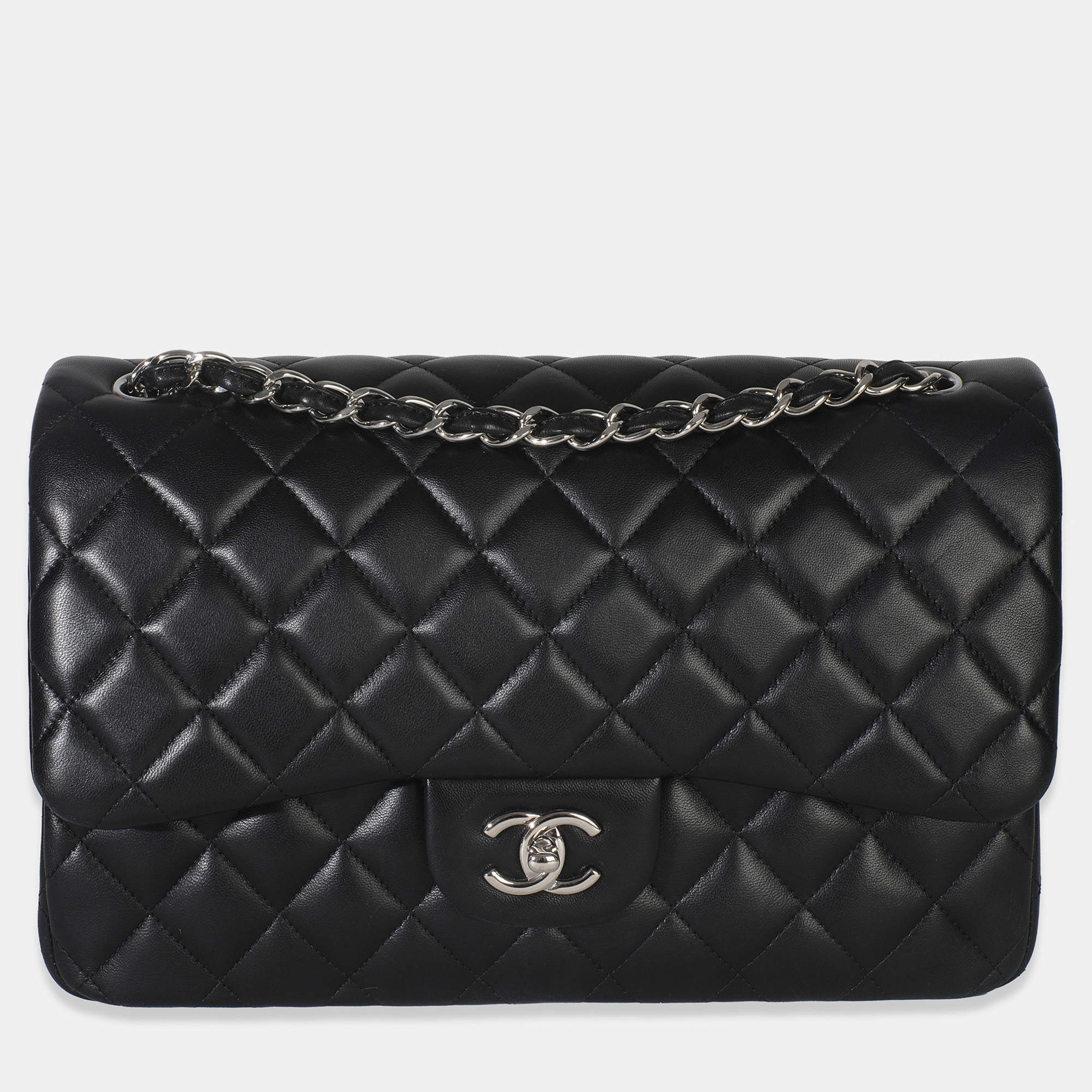 مملوكة مسبقًا حقيبة شانيل سوداء مضغوطة جلد الخروف جامبو فلاب مزدوجة