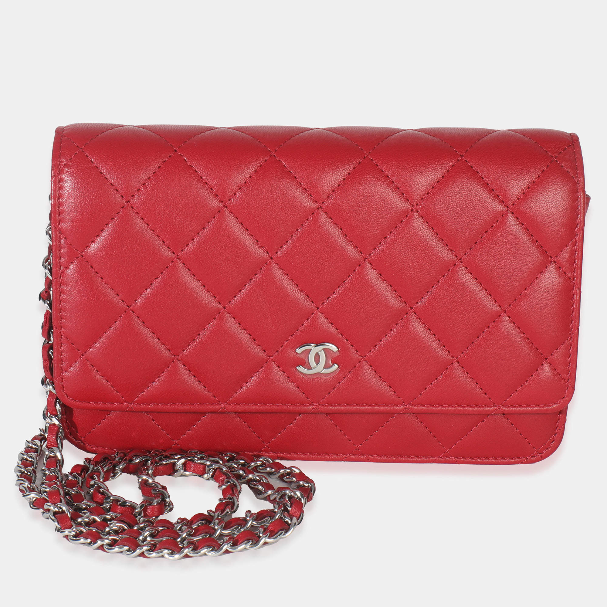 مملوكة مسبقًا Chanel Rouge Red Quilted Lambskin Classic Wallet On Chain