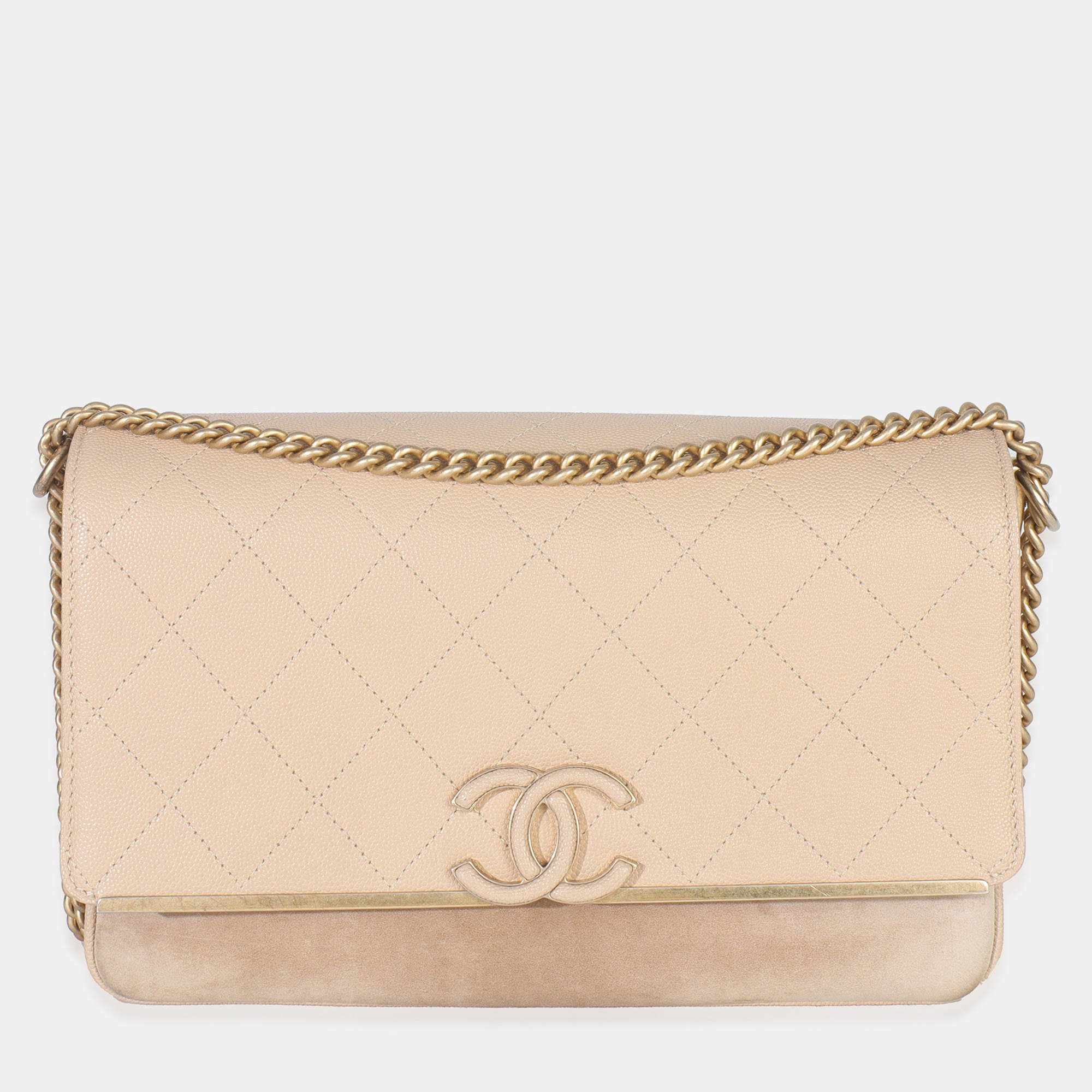 Pre Owned Chanel Beige Quilted Caviar Suede Lady Coco Chain Flap Handbag