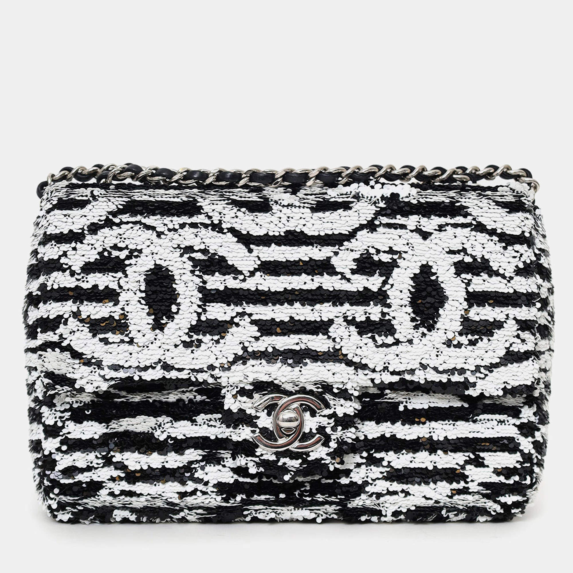 Pre Owned Chanel 24S Black/White Sequins CC Mini Single Flap Bag