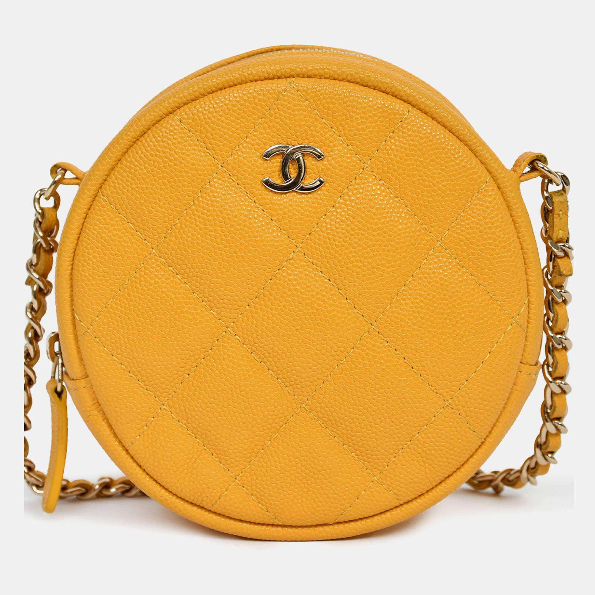Pre Owned Chanel 2018-19 Yellow Caviar Leather Round Chain Bag
