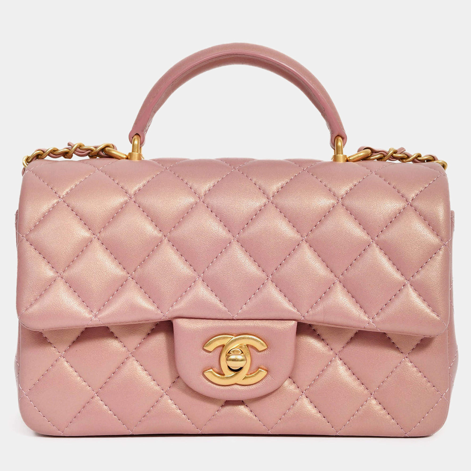 Pre Owned Chanel 2021 Rose Iridescent Quilted Lambskin Mini Rectangle Top Handle
