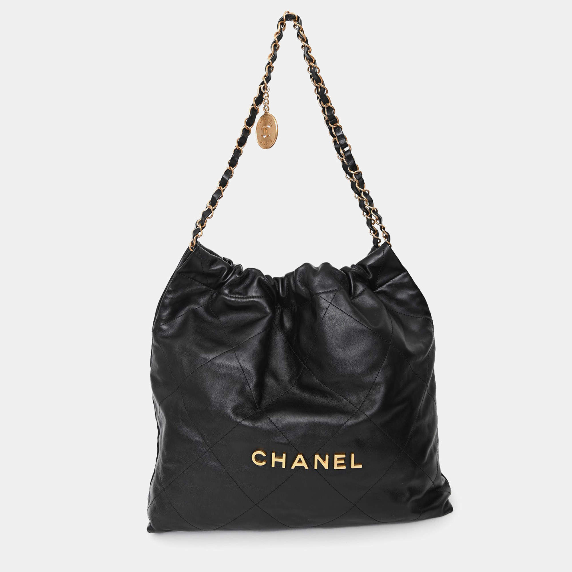 Pre Owned Chanel Black Lambskin Leather 22 Small Hobo Shoulder Bag GHW