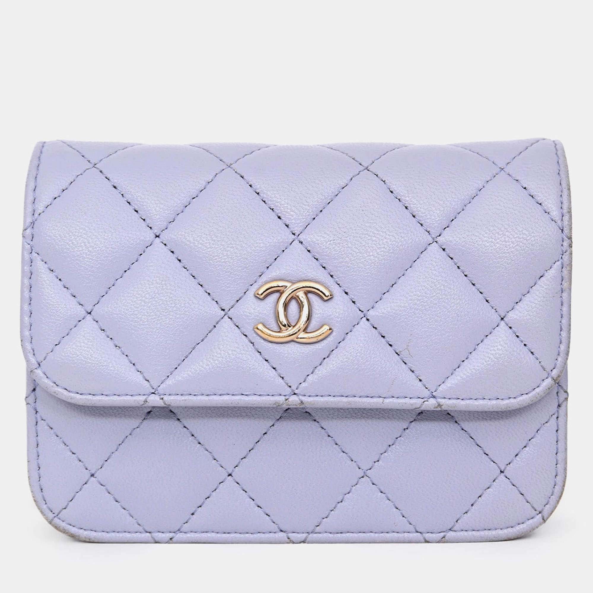 Pre Owned Chanel 2021 Purple Lambskin Leather Mini Flap Crossbody Bag