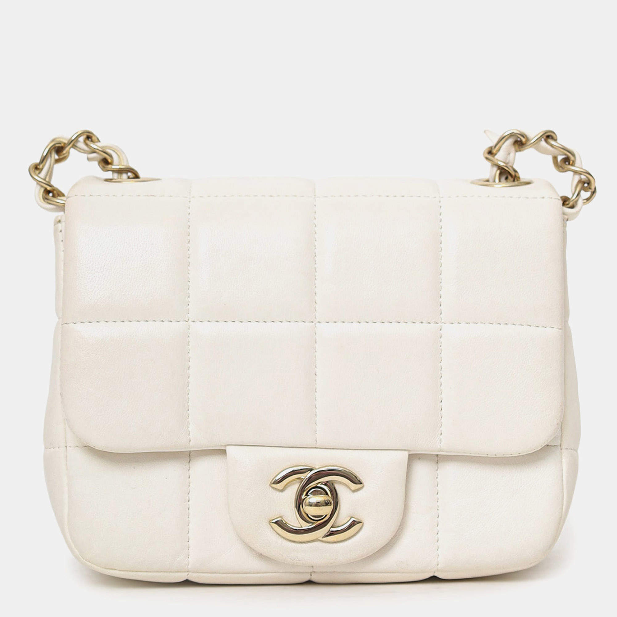 Pre Owned Chanel 2023 White Quilted Lambskin Resin Crystal Monacoco Mini Square Flap Bag