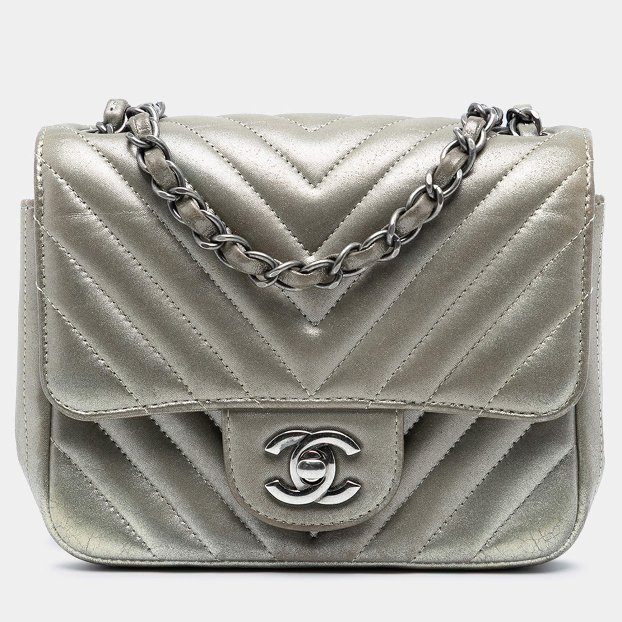 Pre Owned Chanel Silver Mini Square Classic Chevron Iridescent Calfskin Single Flap