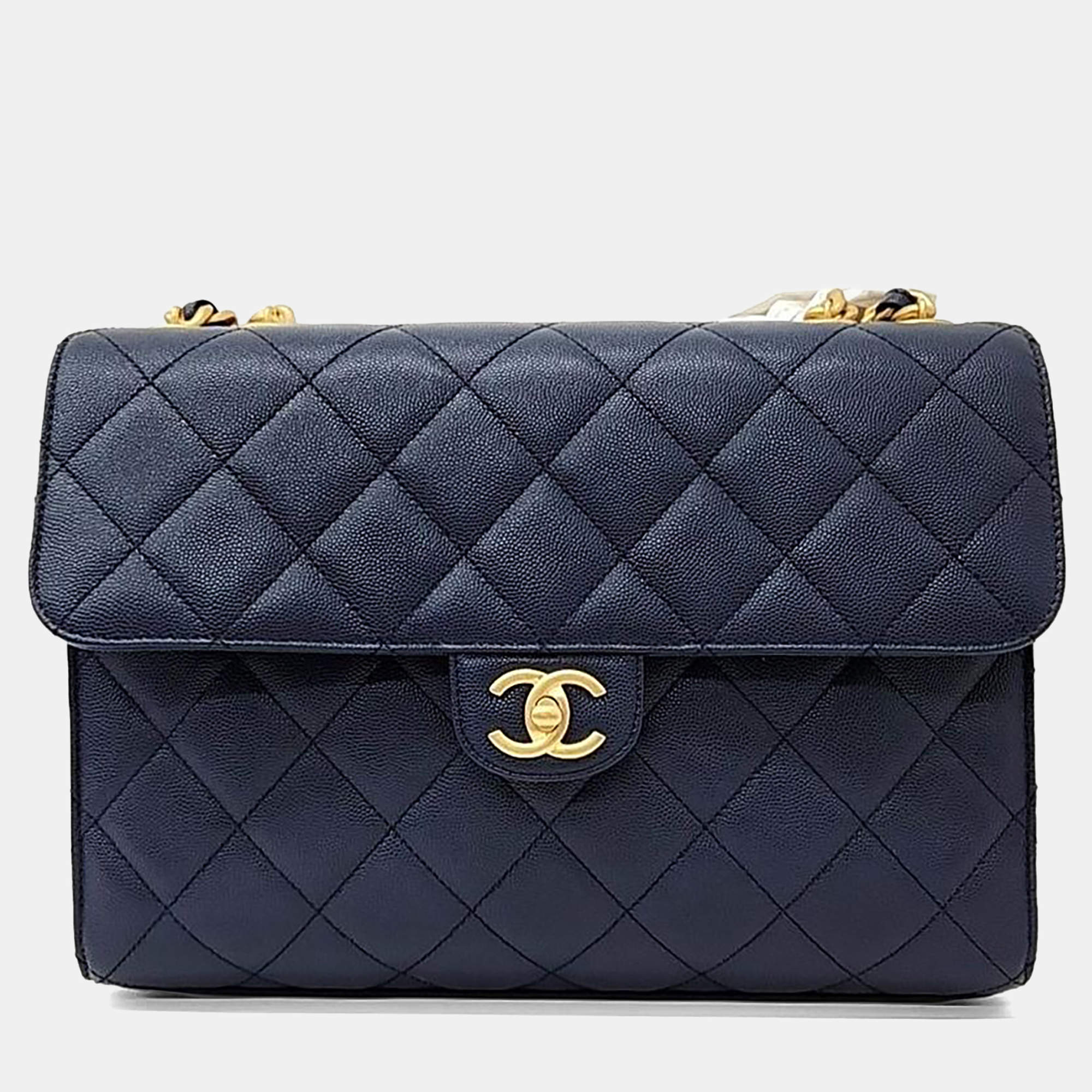 Pre Owned حقيبة شانيل بحمالة سلسلة جلد كافيار أزرق بحري