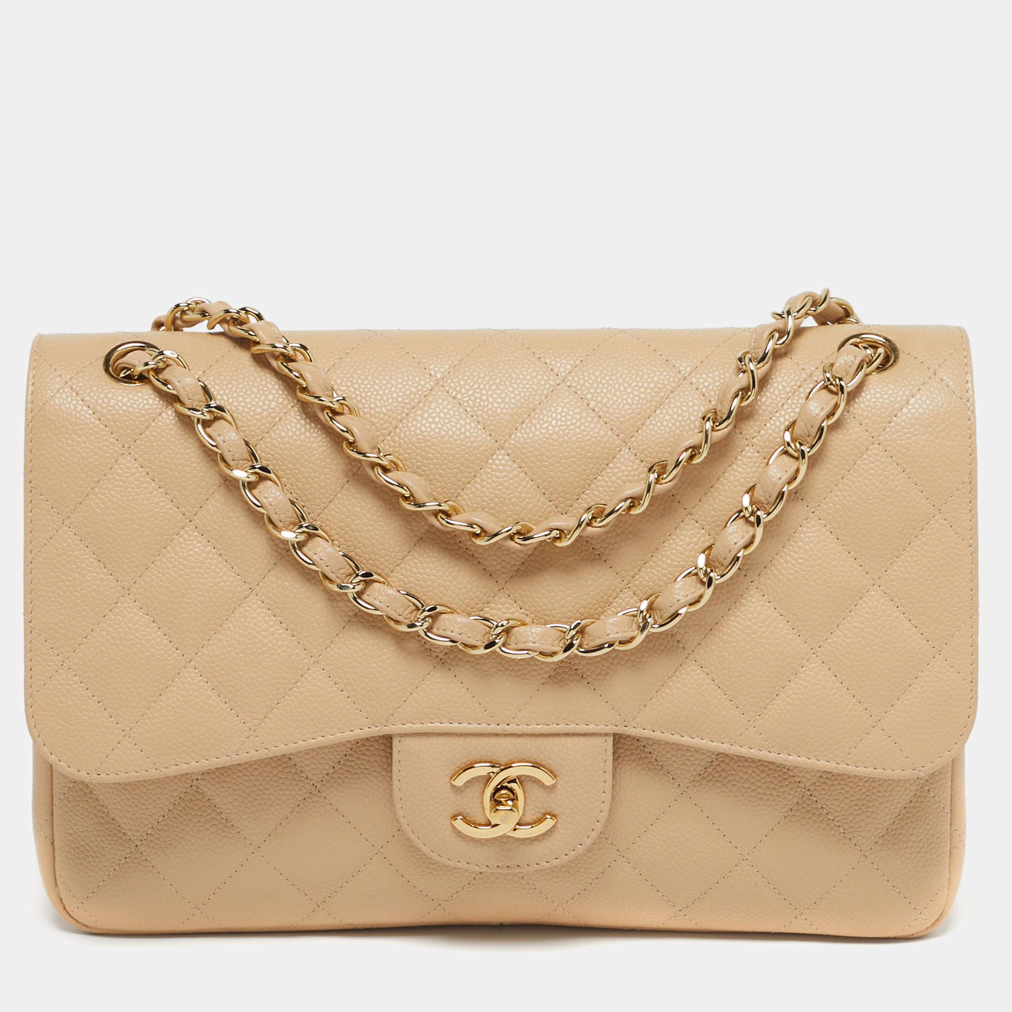 Pre Owned Chanel Classic Double Flap Jumbo Beige Quilted Caviar Leather Bag