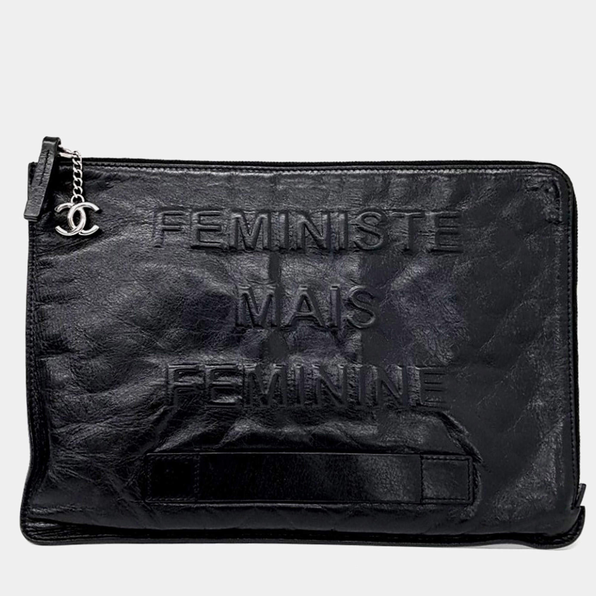 Pre Owned حقيبة شانيل كلاتش جلد أسود كبيرة