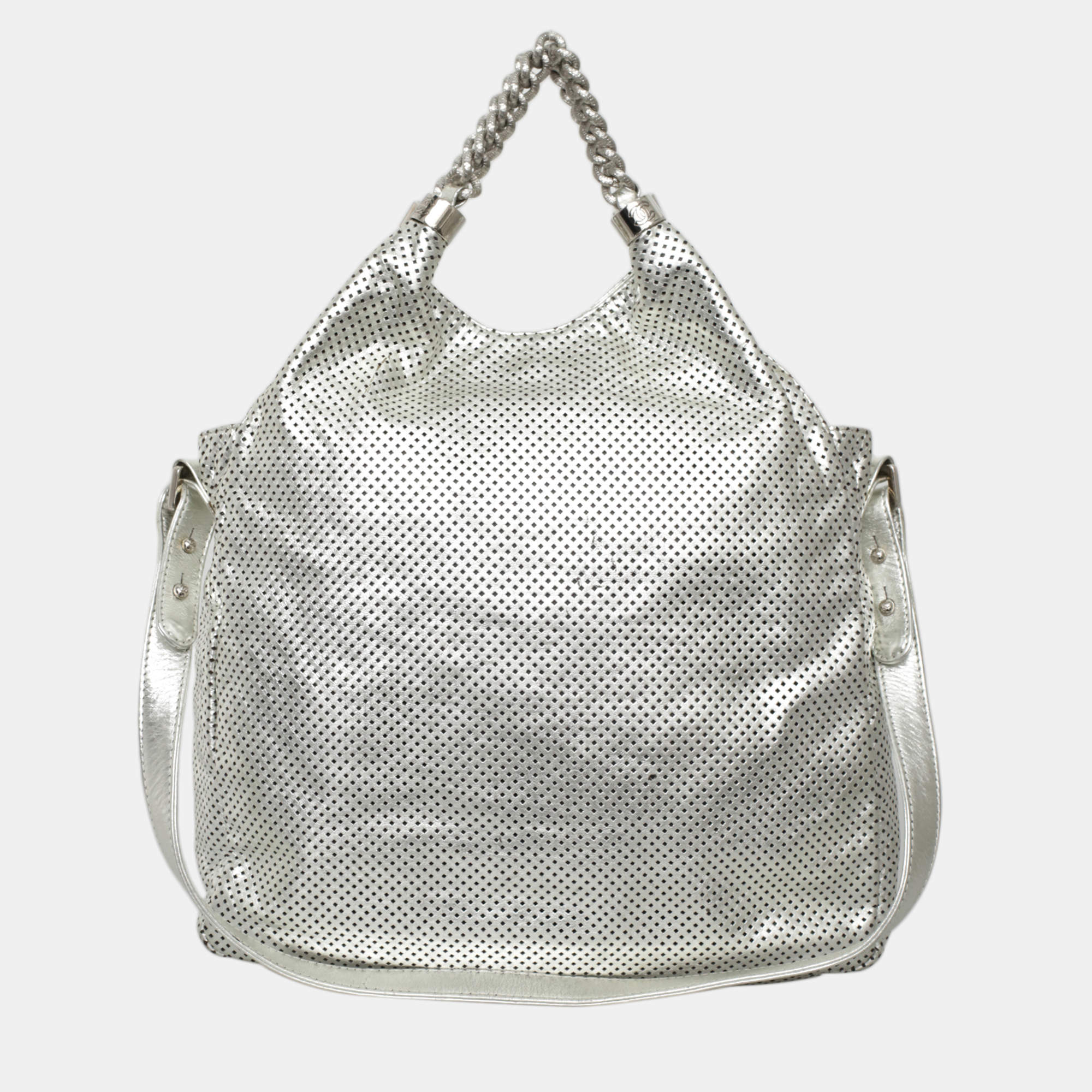 Pre Owned Chanel Roddeo Drive Medium Silver Leather Hobo Perforated Bag