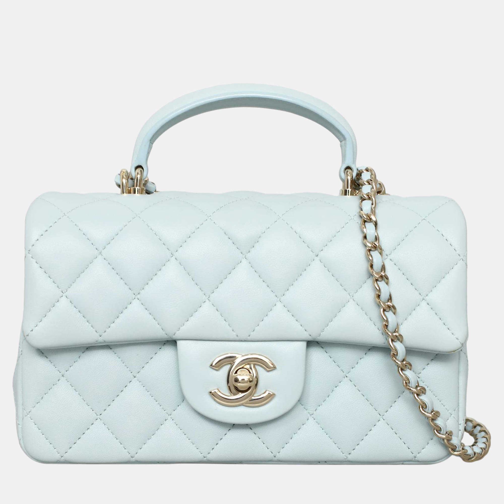 Pre Owned Chanel Mini Rectangle Blue Lambskin Top Handle Bag