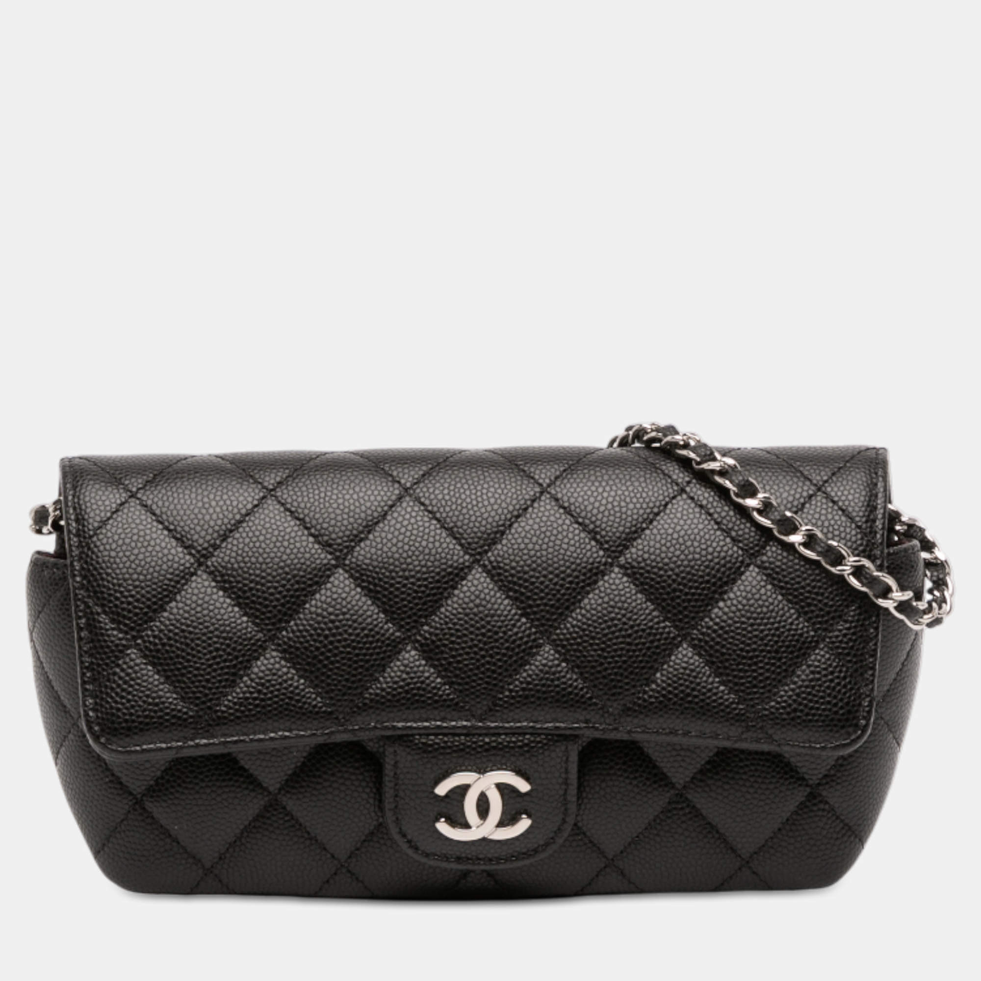 Pre Owned Chanel Black Quilted Caviar Sunglasses Case with Chain