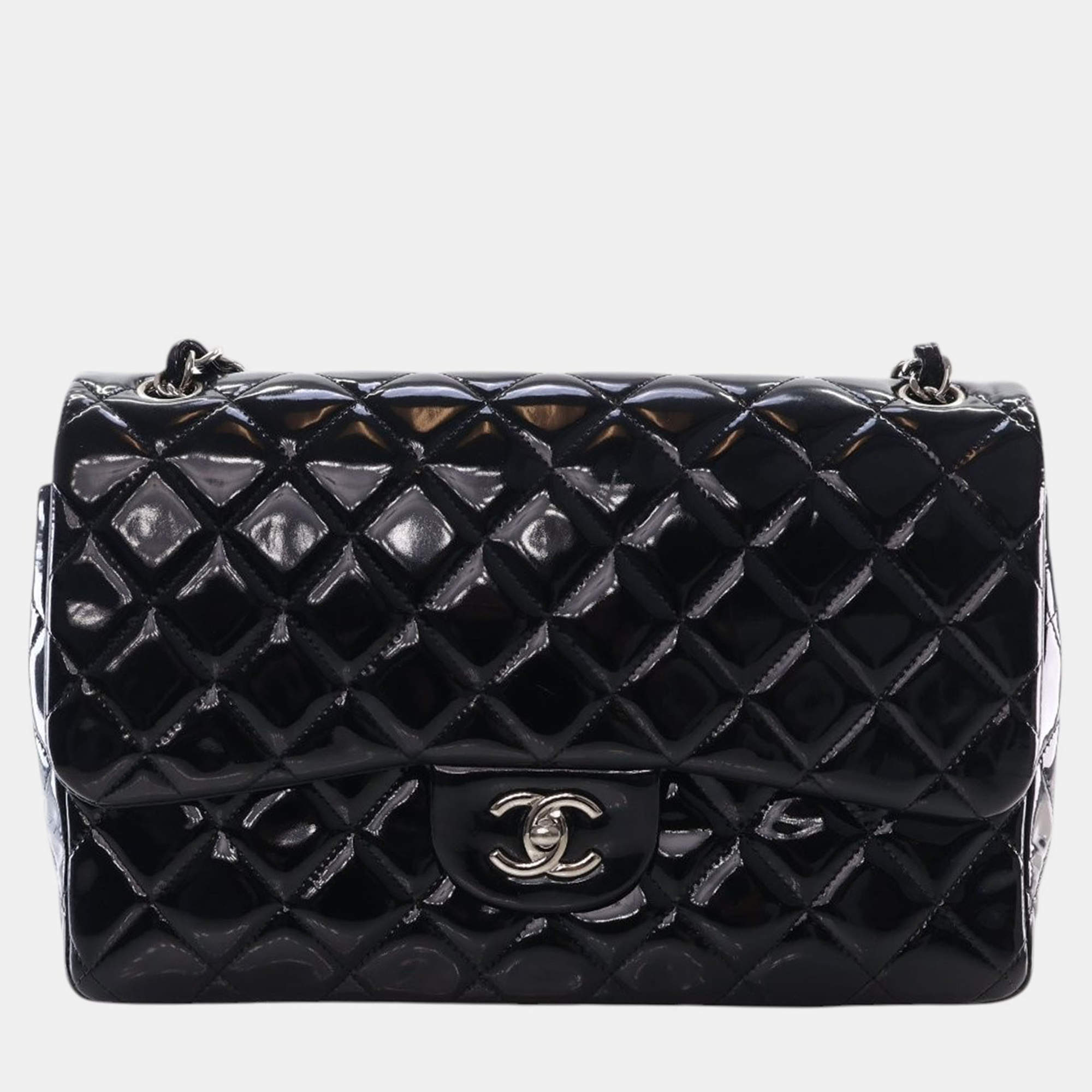 Pre Owned Chanel Black Jumbo Classic Patent Double Flap