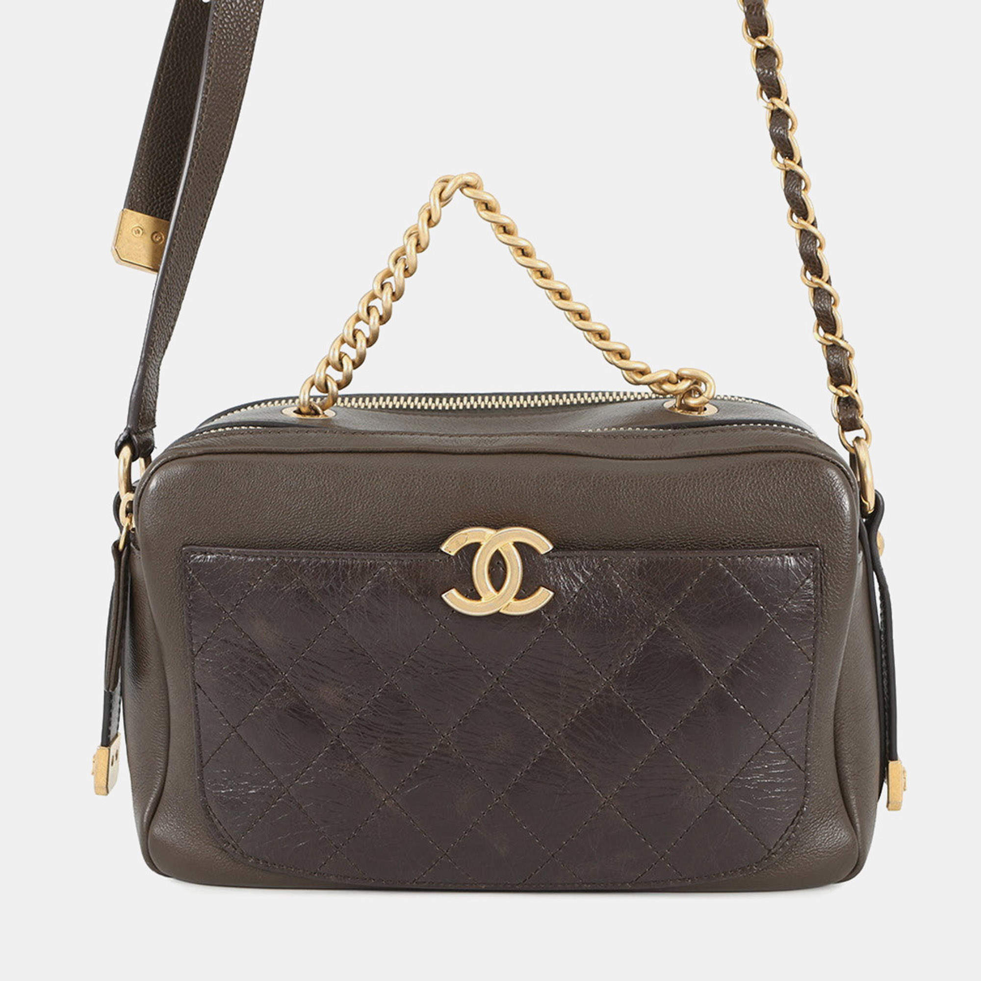 Pre Owned Chanel Cc Logo Chain shoulder Bag Brown Leather