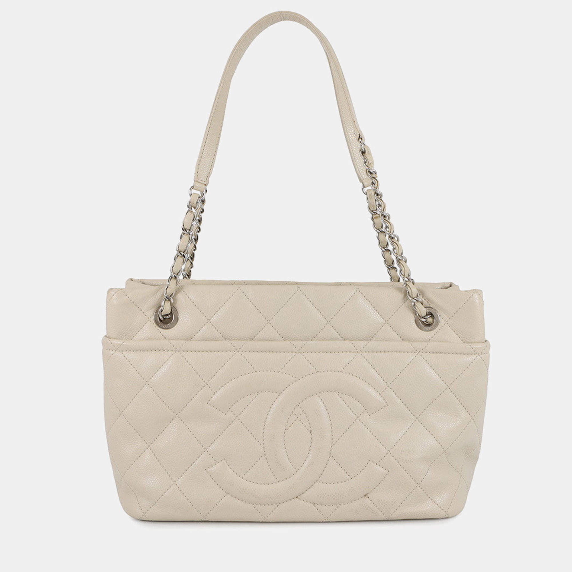 Pre Owned Chanel Matelasse Chaintote Bag Ivory Caviar Leather