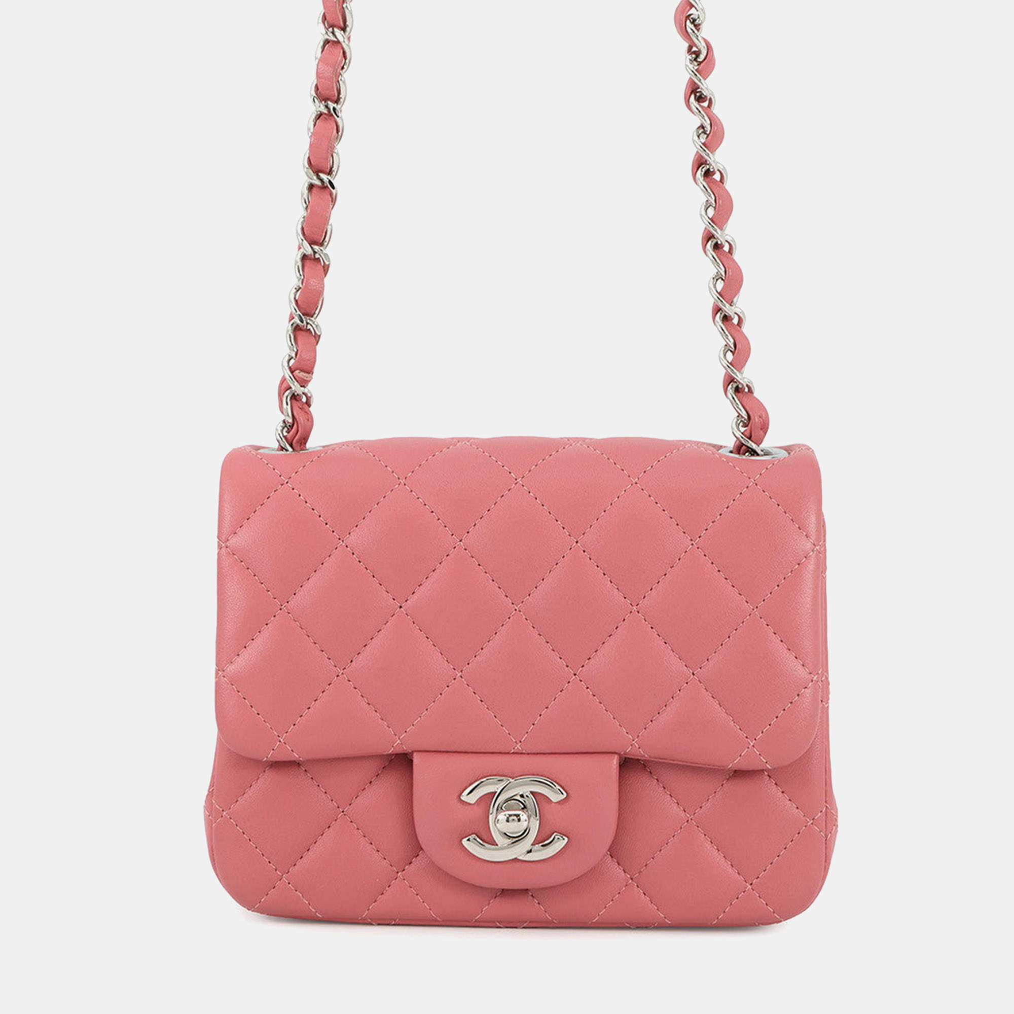Pre Owned Chanel Mini Matelasse Chain shoulder Bag Pink Lambskin