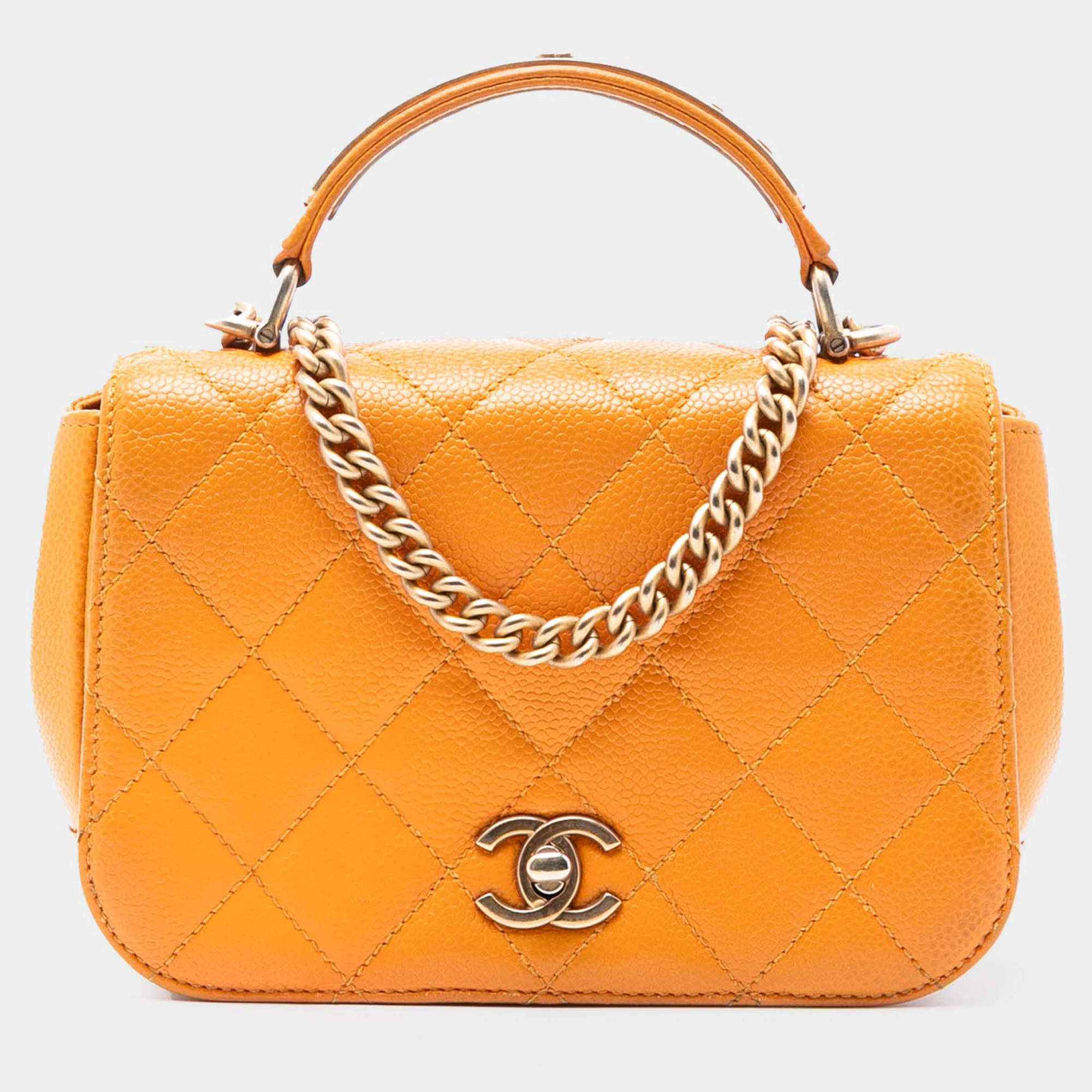 Pre Owned Chanel Orange Mini Quilted Caviar Carry Around Flap