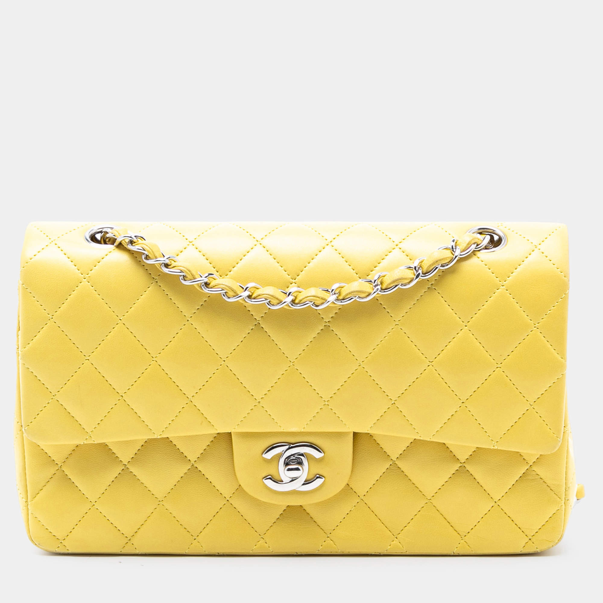 مملوكة مسبقًا حقيبة شانيل غطاء مزدوج جلد حمل أصفر متوسطة