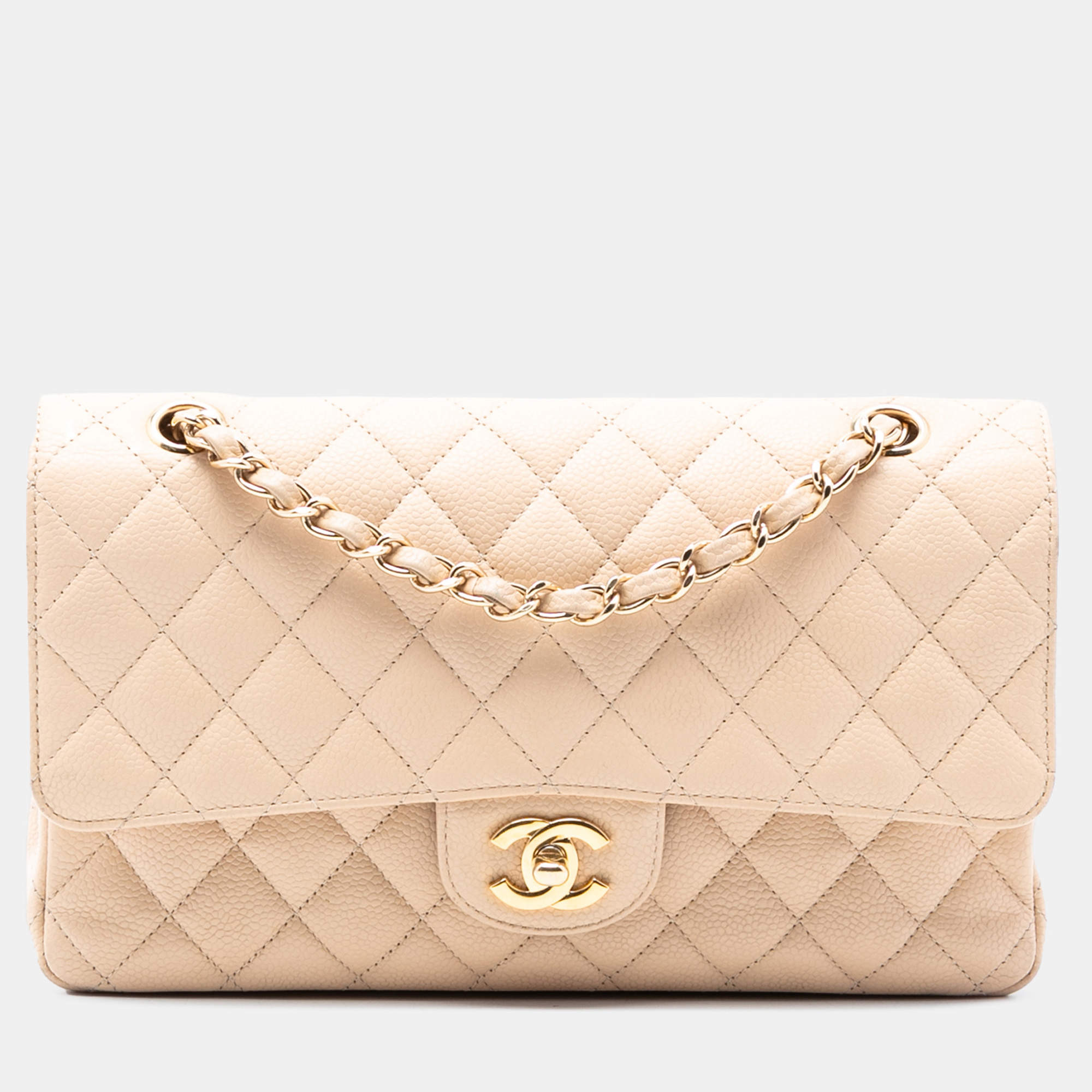 Pre Owned حقيبة شانيل بنية كلاسيكية متوسطة من جلد الكافيار دابل فلاب