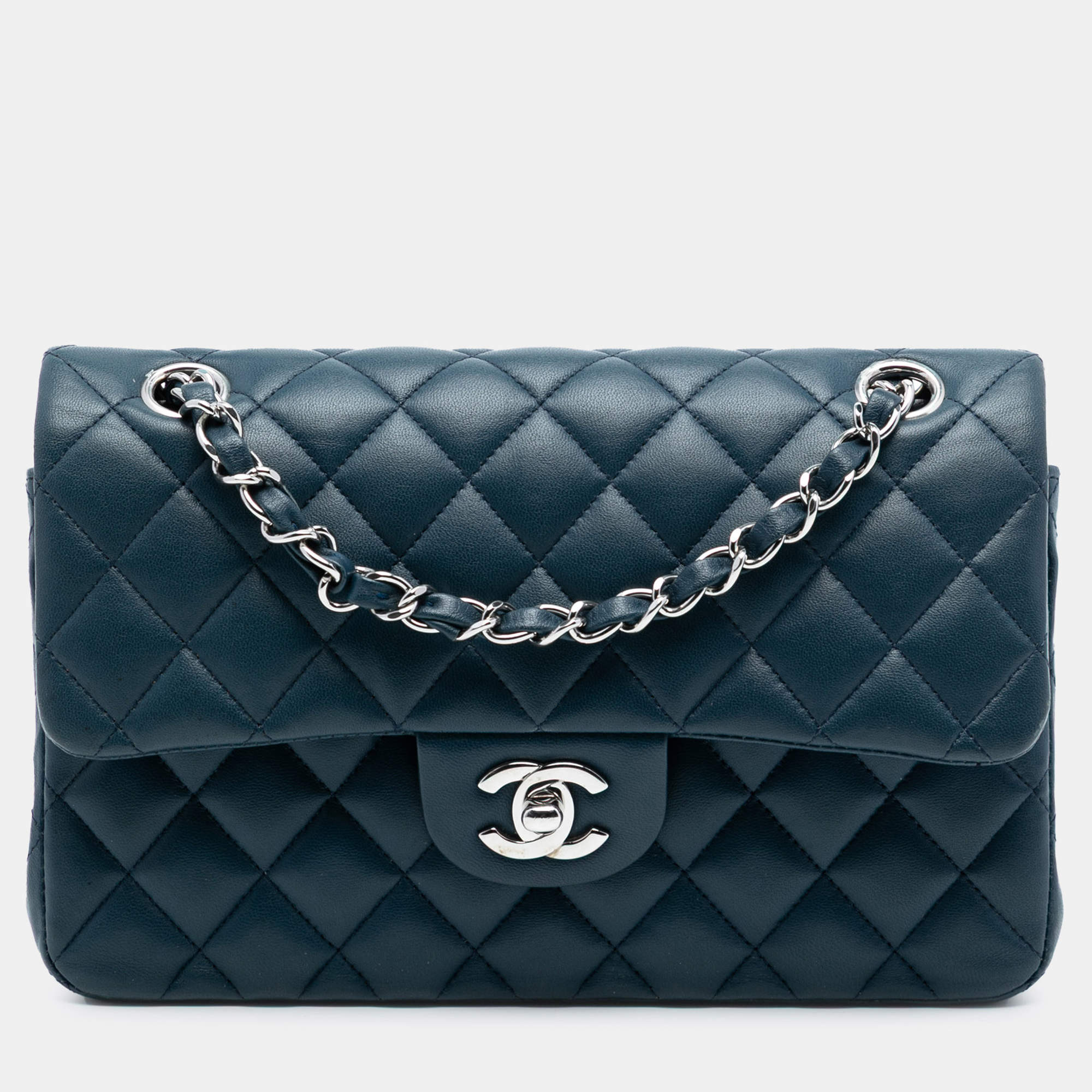 Pre Owned Chanel Blue Small Classic Lambskin Double Flap