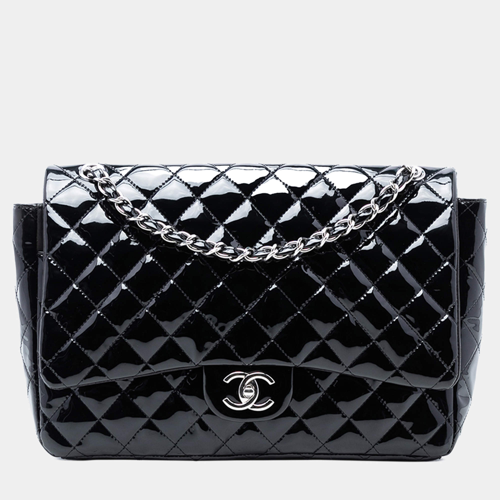 Pre Owned Chanel Black Maxi Classic Patent Double Flap