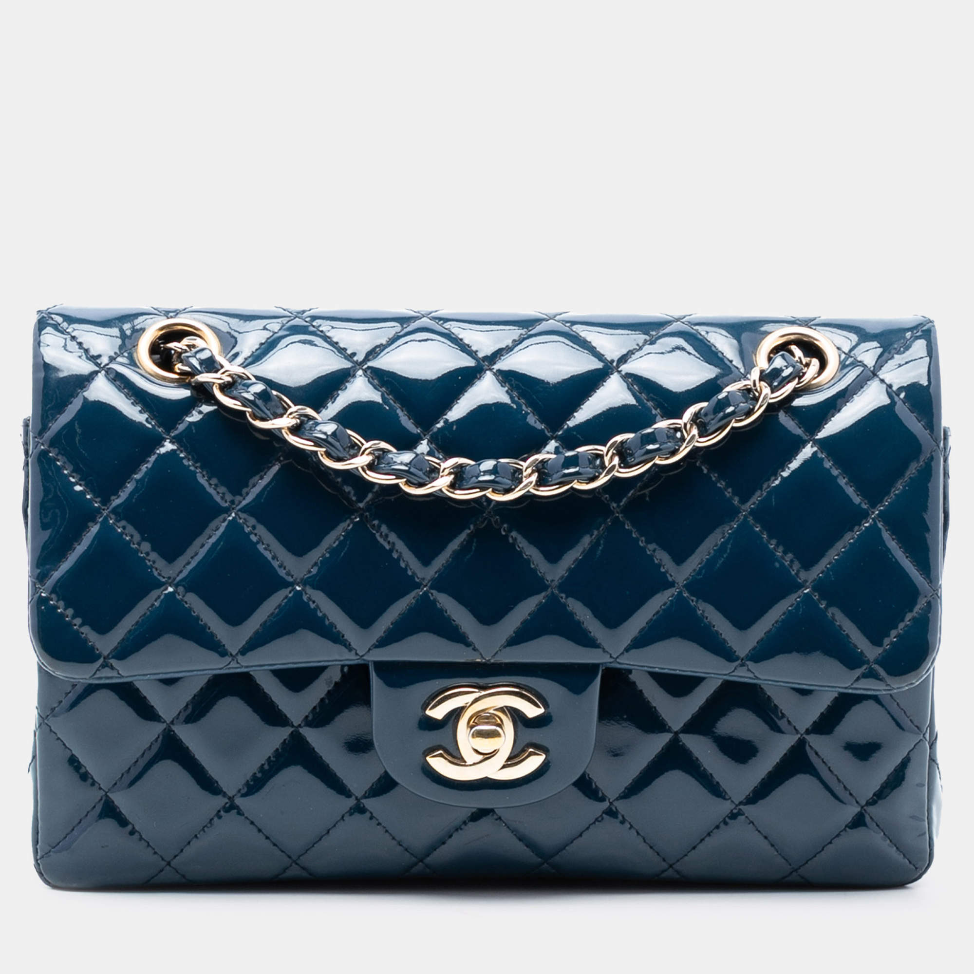 مملوكة مسبقًا Chanel Blue Small Classic Patent Double Flap