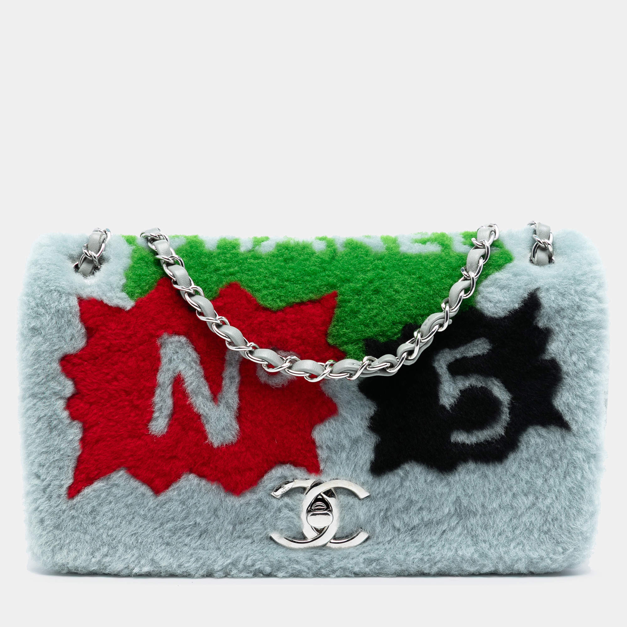 Pre Owned Chanel Shearling and Lambskin Patchwork No 5 Pop Art Flap