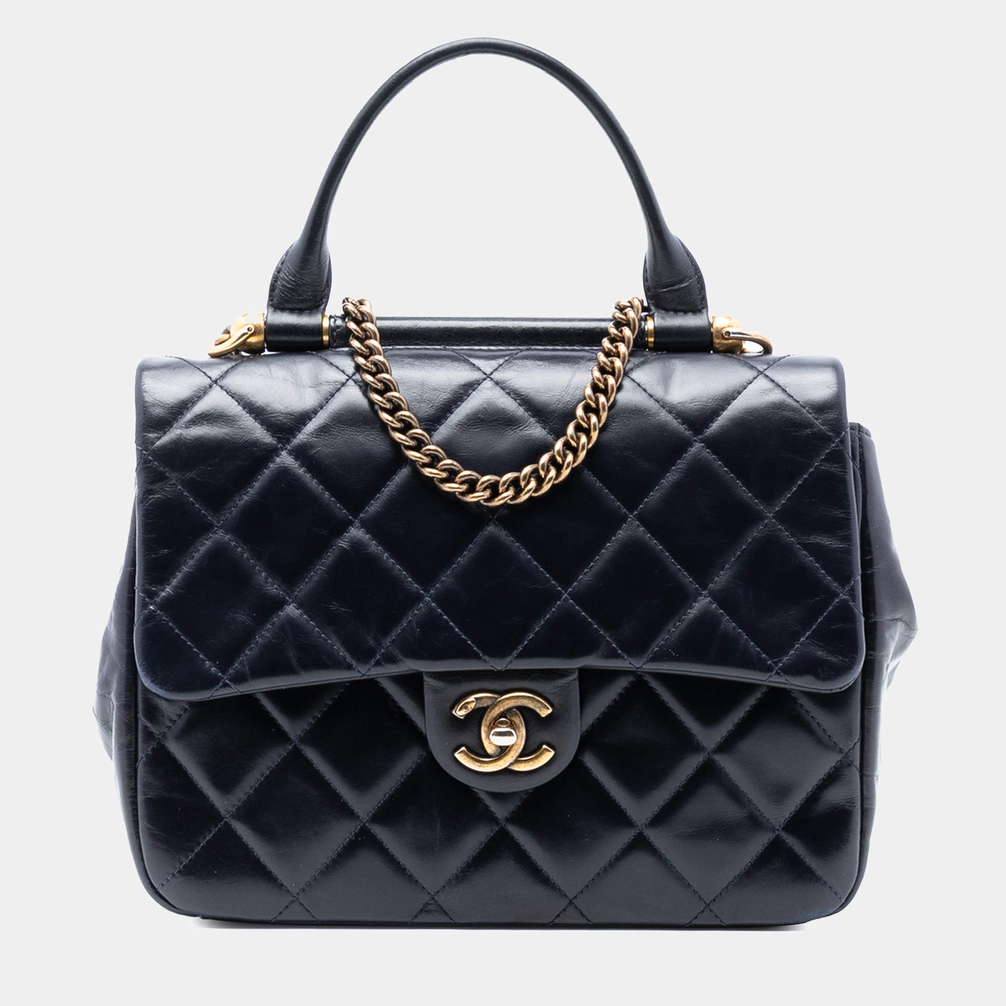 Pre Owned Chanel Blue Medium Quilted Glazed Calfskin Gold Bar Top Handle Flap