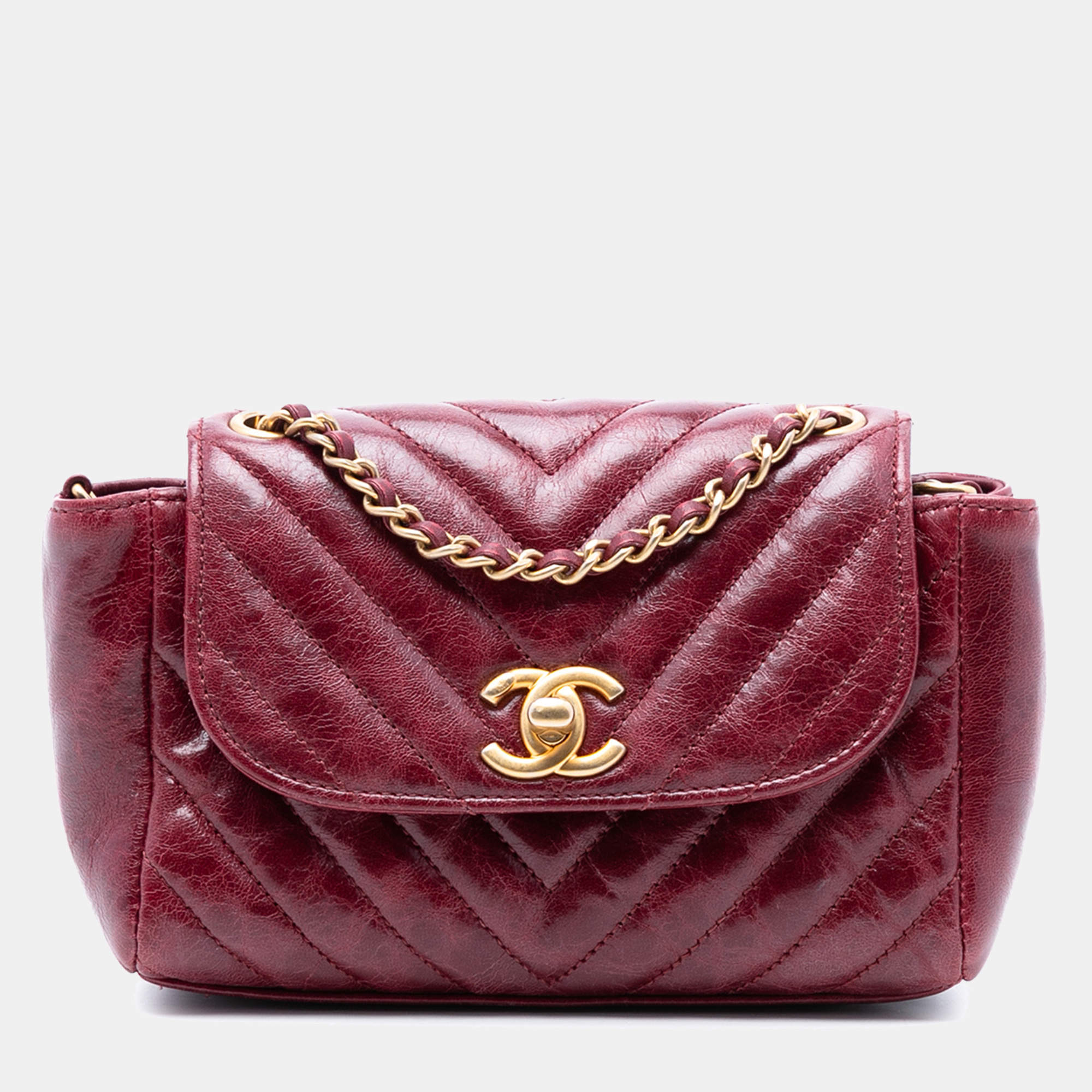 Pre Owned Chanel Red Small Chevron Aged Lambskin Hampton Flap