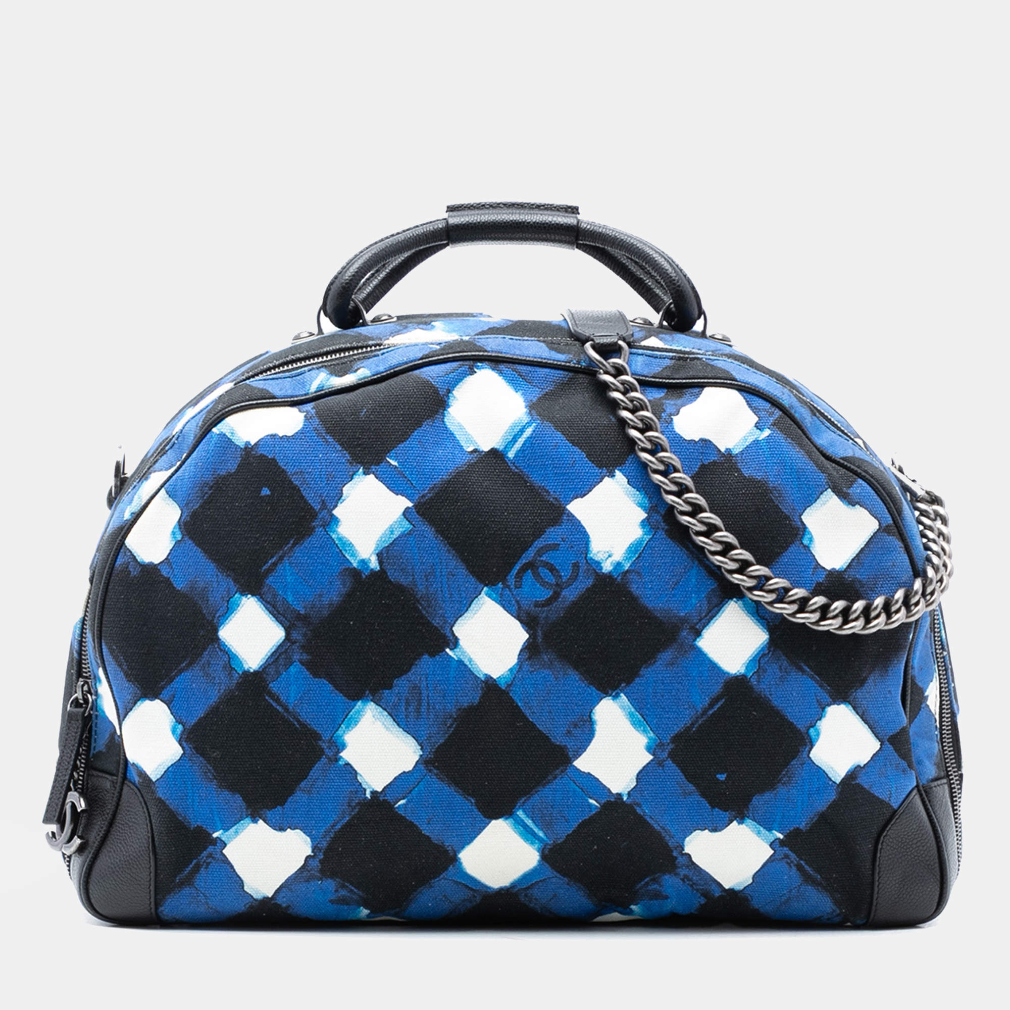 Pre Owned Chanel Black Blue Printed Canvas and Caviar Airlines Round Trip Travel Bag