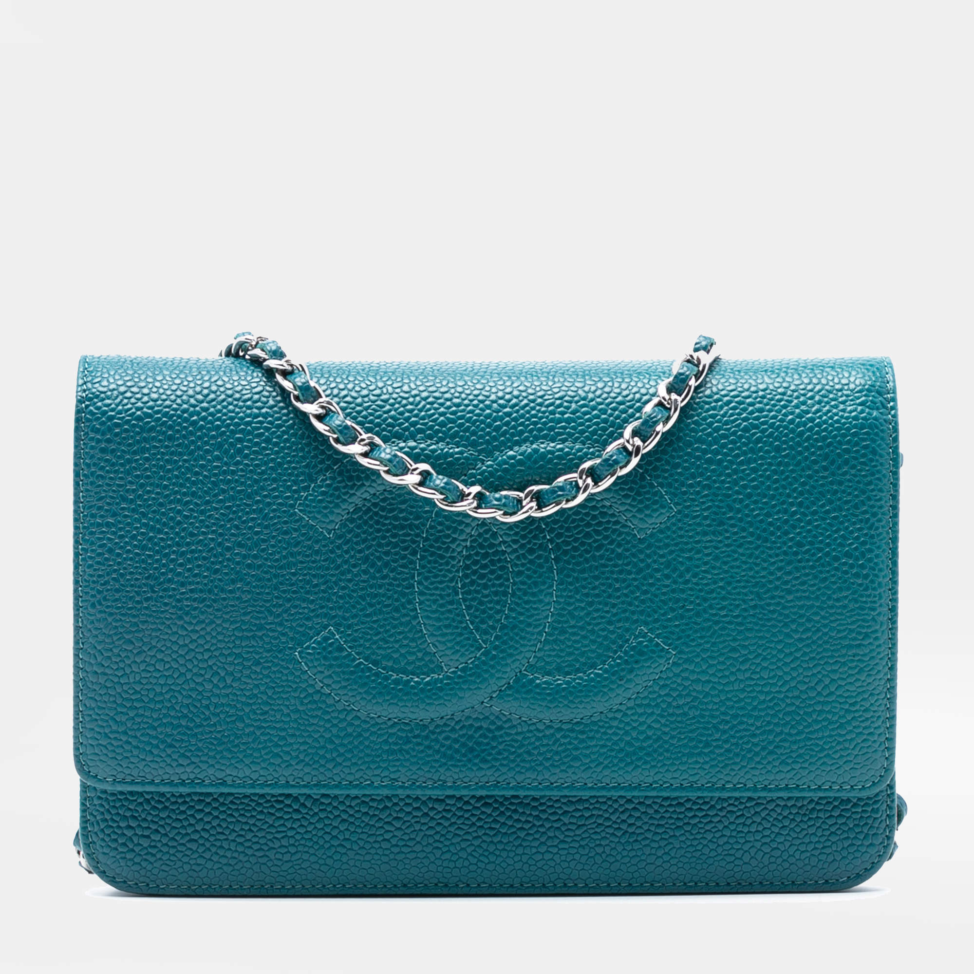 Pre Owned Chanel Blue CC Caviar Wallet On Chain