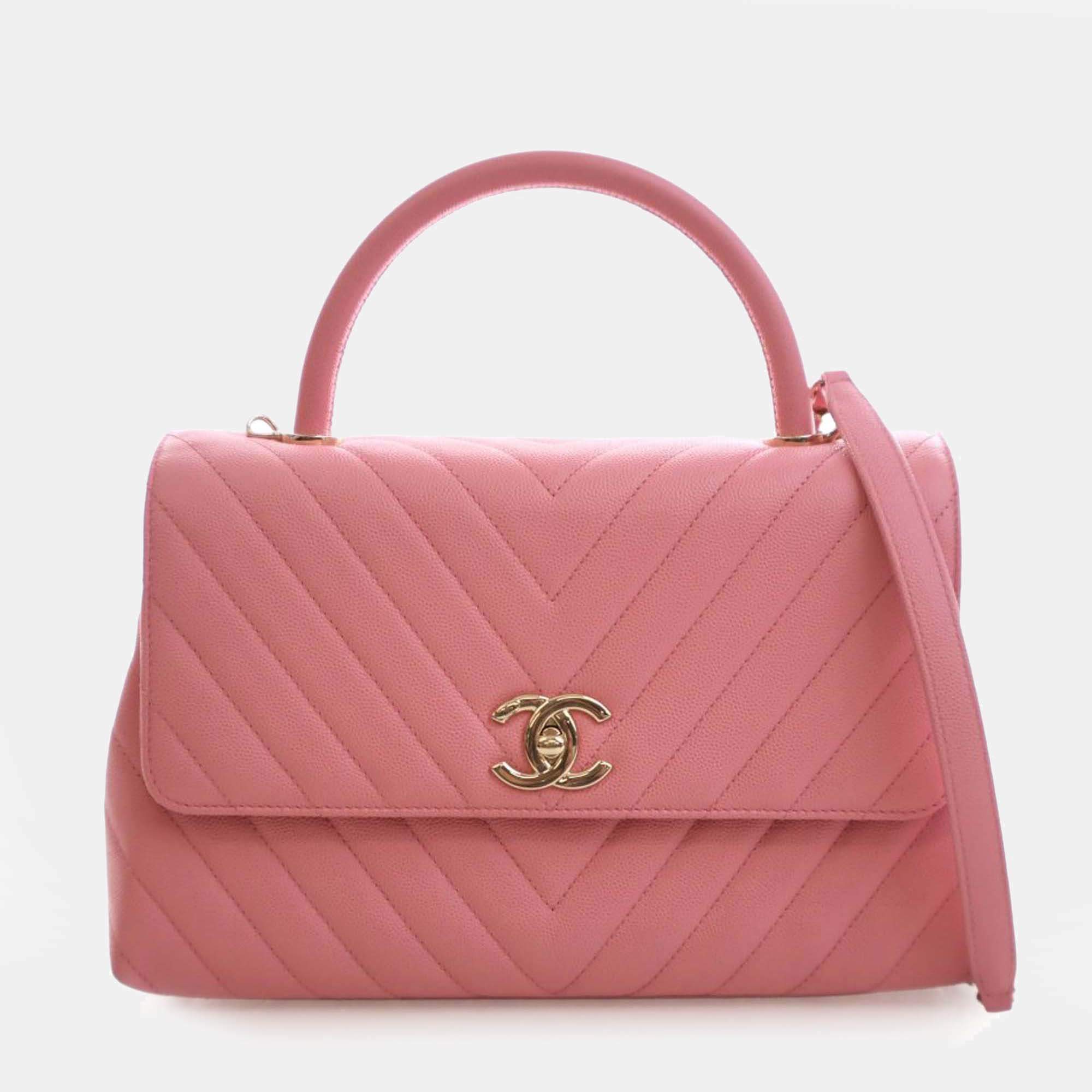 Pre Owned حقيبة يد شانيل كوكو شيفون كافيار زهري صغير بيد علوية