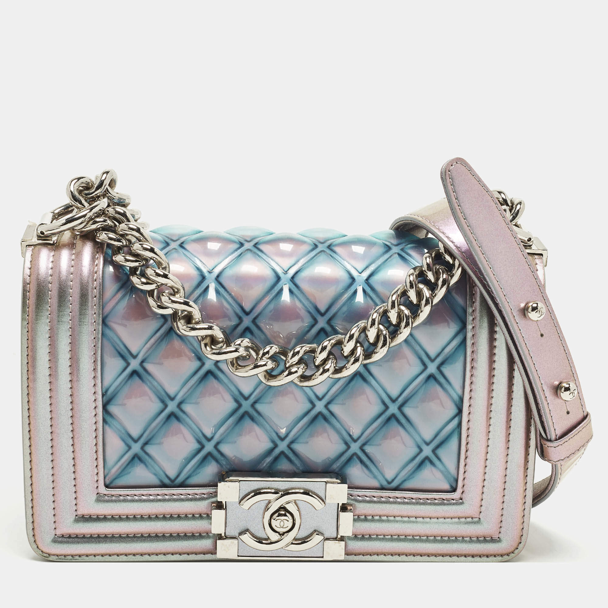 Pre Owned Chanel Boy Small Purple Iridescent Quilted Patent Leather and PVC Flap Bag