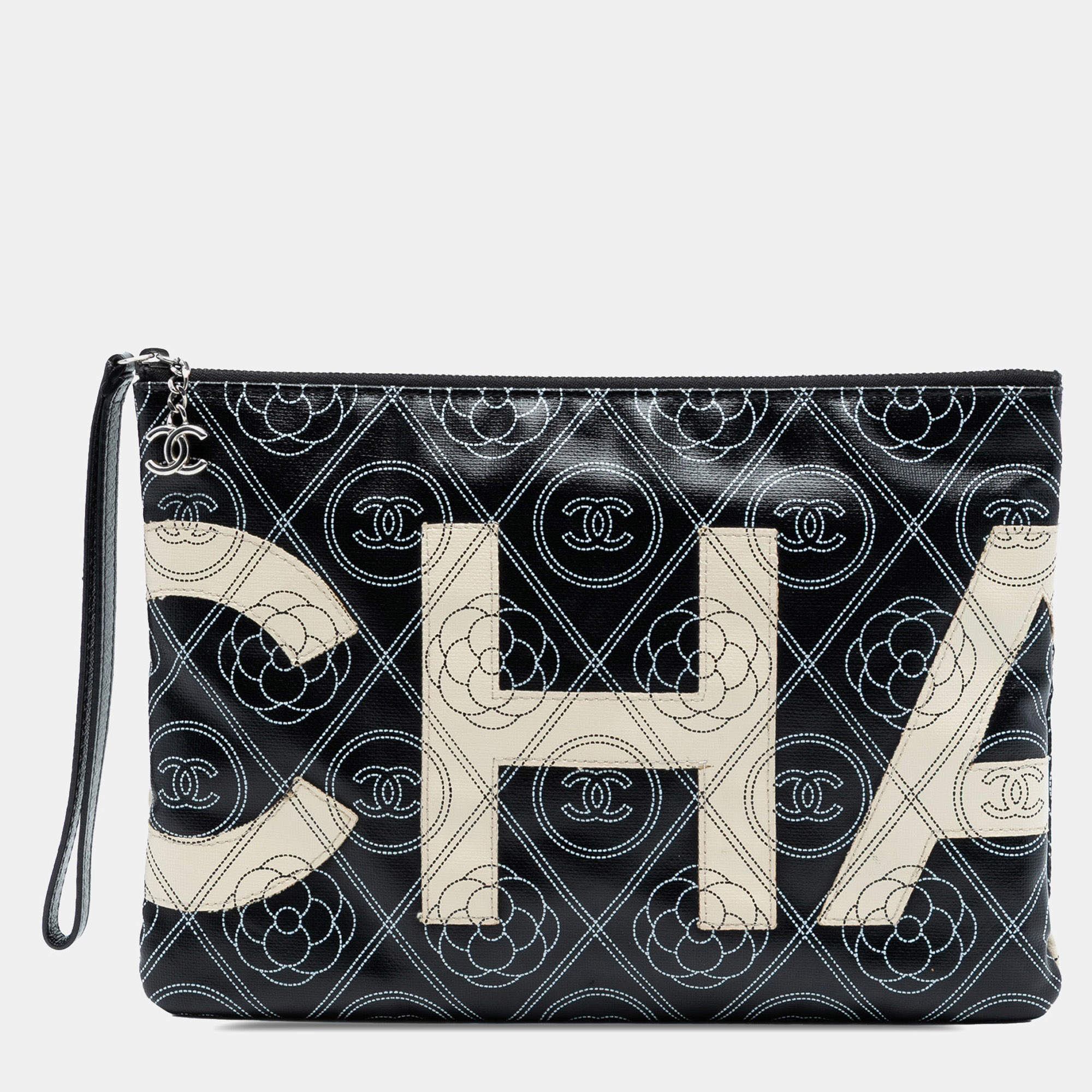 مملوكة مسبقًا Chanel Black Coated Canvas Camellia Logo Wristlet Clutch