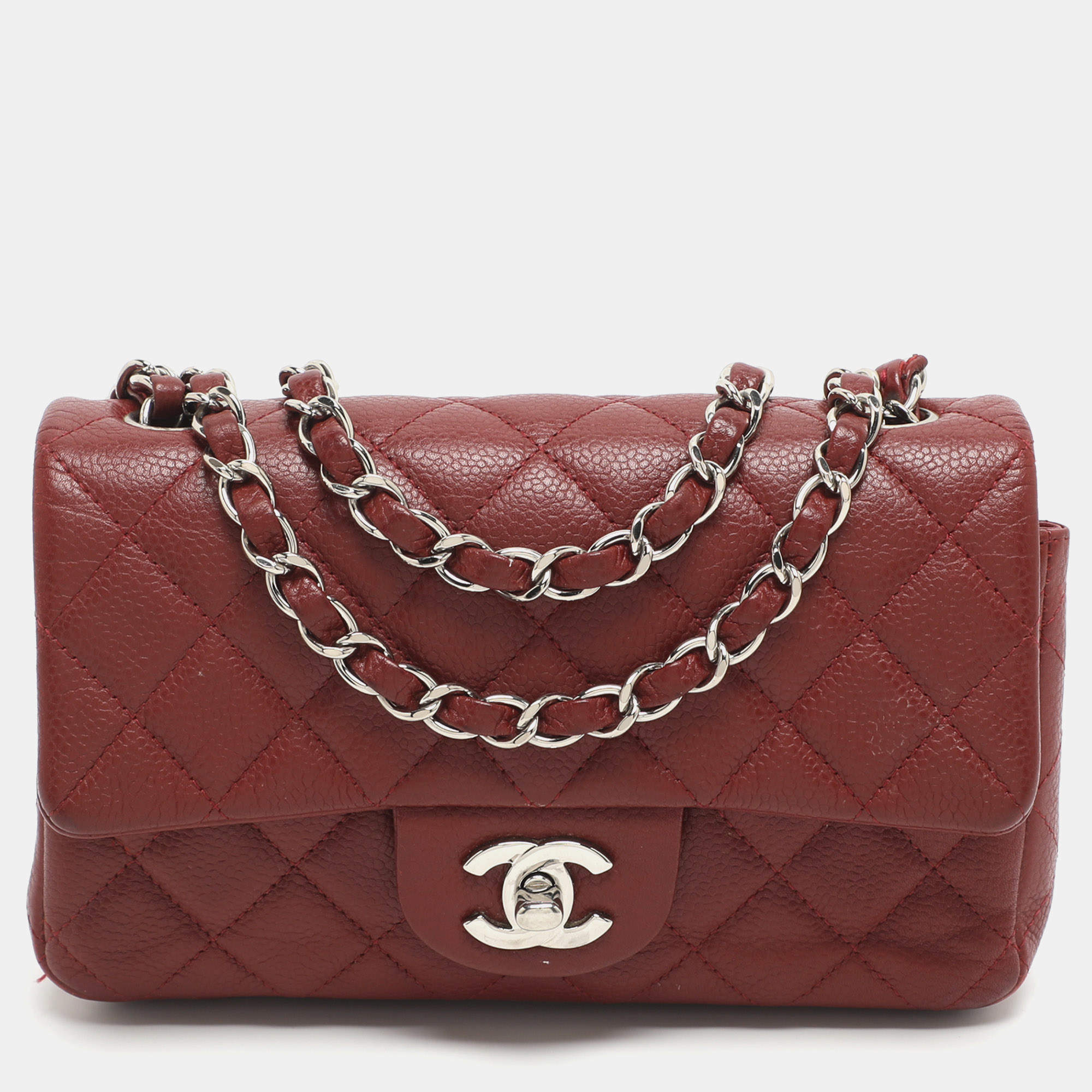 Pre Owned Chanel Classic Mini Red Quilted Leather Rectangle Single Flap Bag