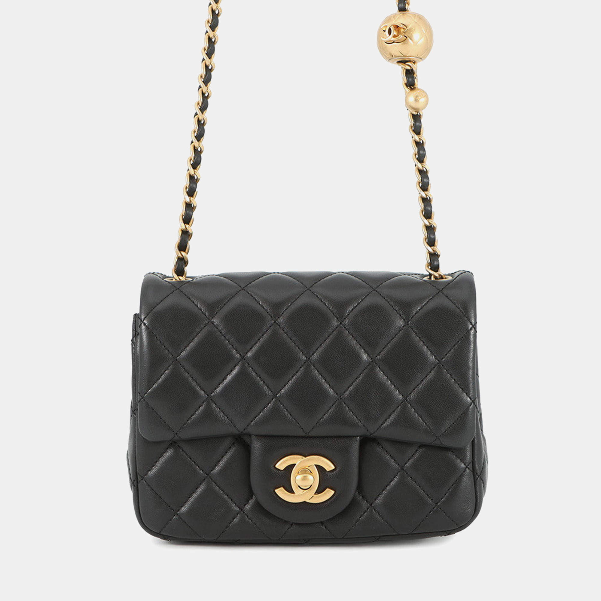 Pre Owned Chanel Mini Matelasse Single Flap Cocoball Chain shoulder Bag Black Lambskin Size Mini