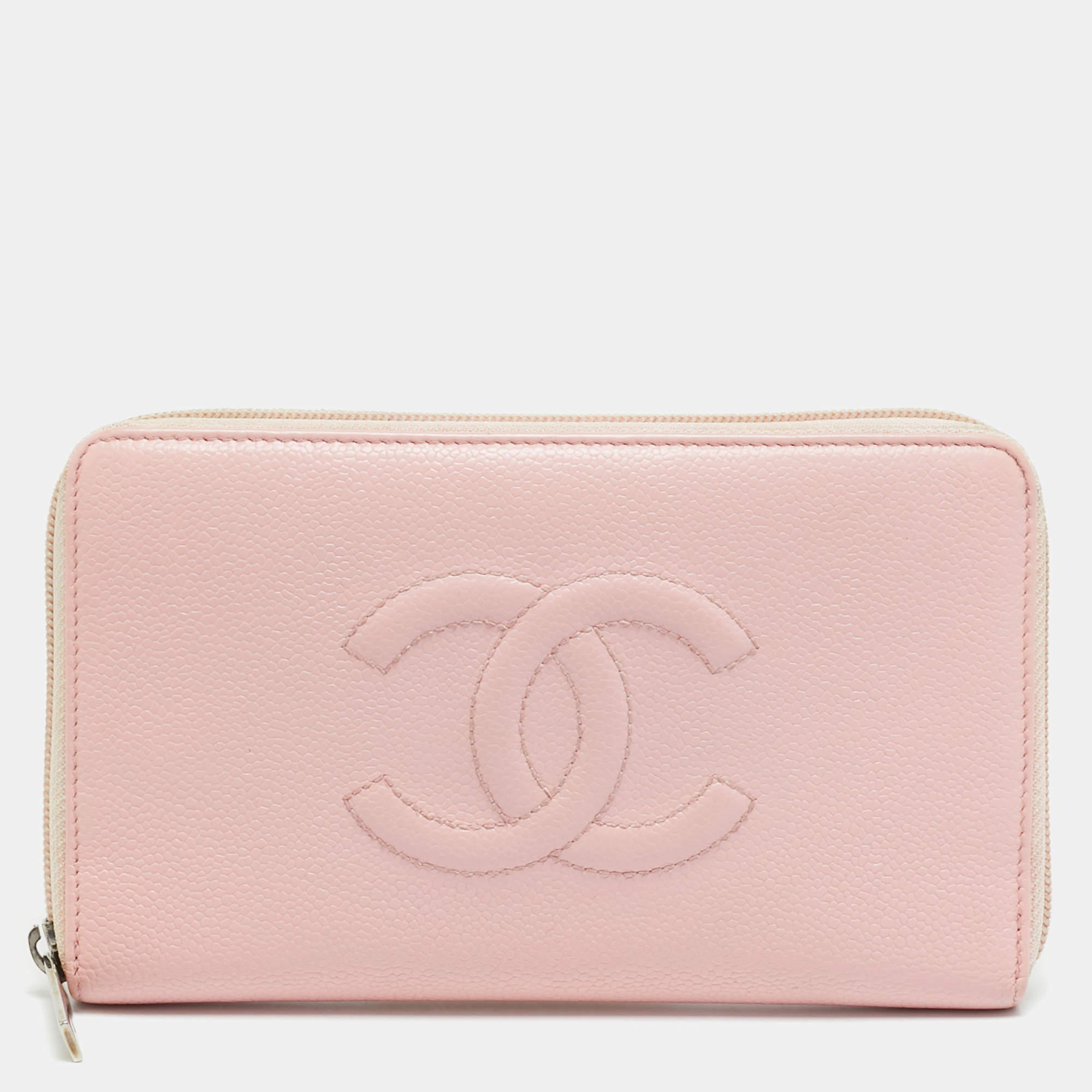 Pre Owned Chanel CC Timeless Light Pink Leather Zip Around Wallet