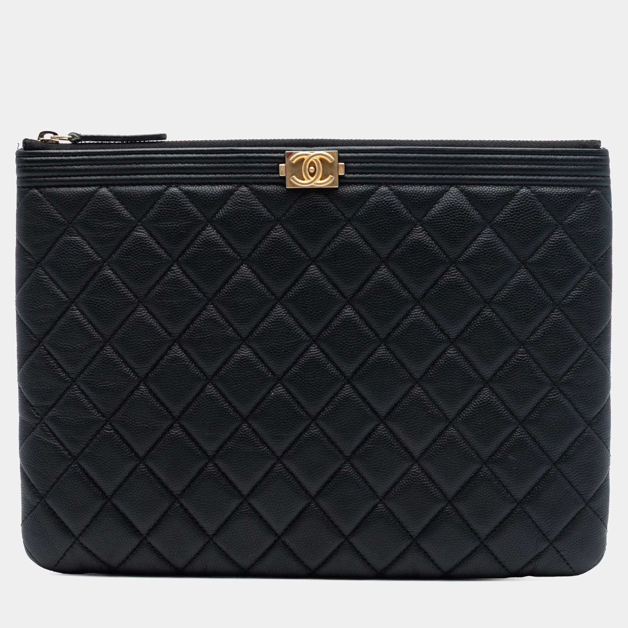 Pre Owned Chanel Black Medium Quilted Caviar Boy O Case Clutch