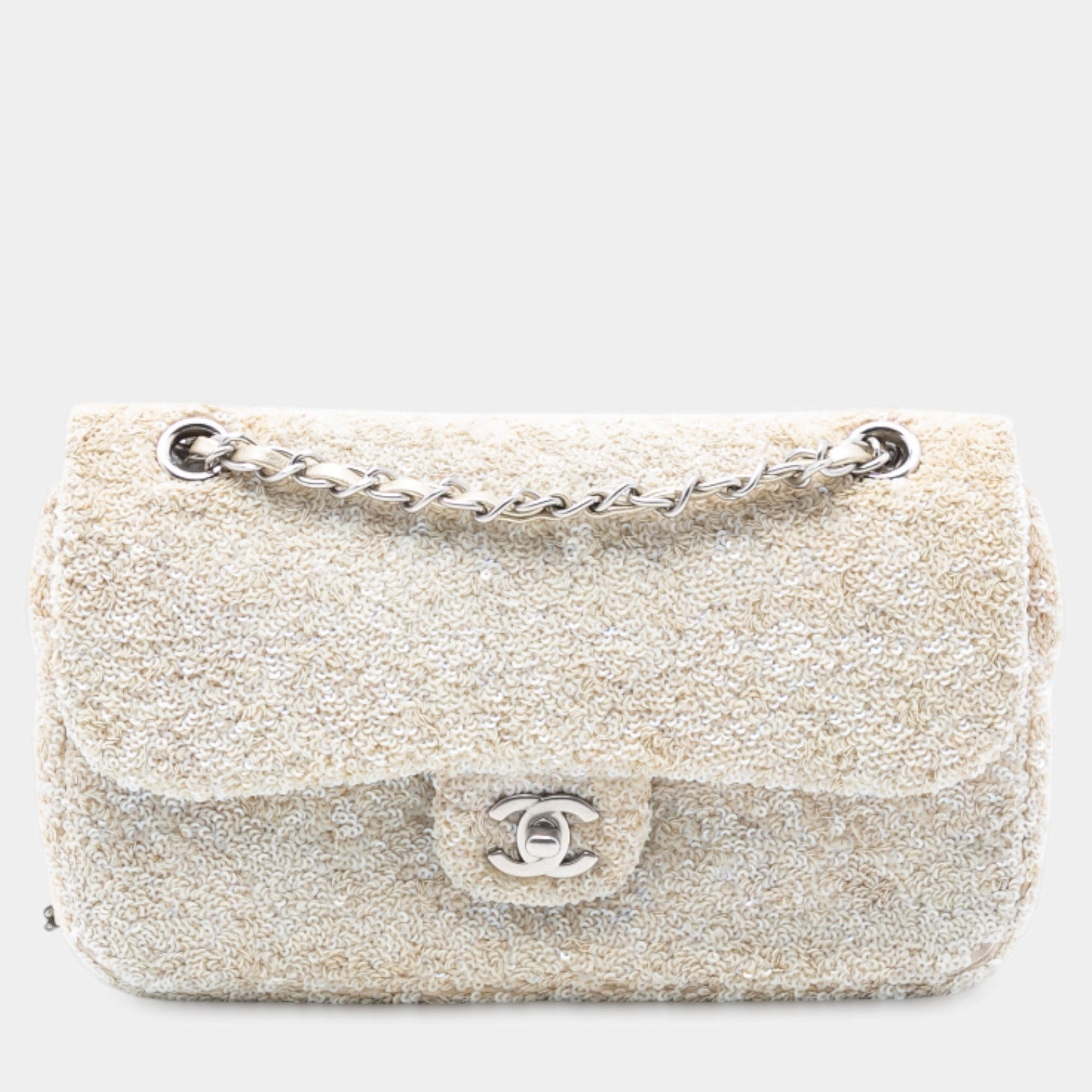 Pre Owned حقيبة شانيل سي سي بُنية متوسطة من الترتر بغطاء فردي