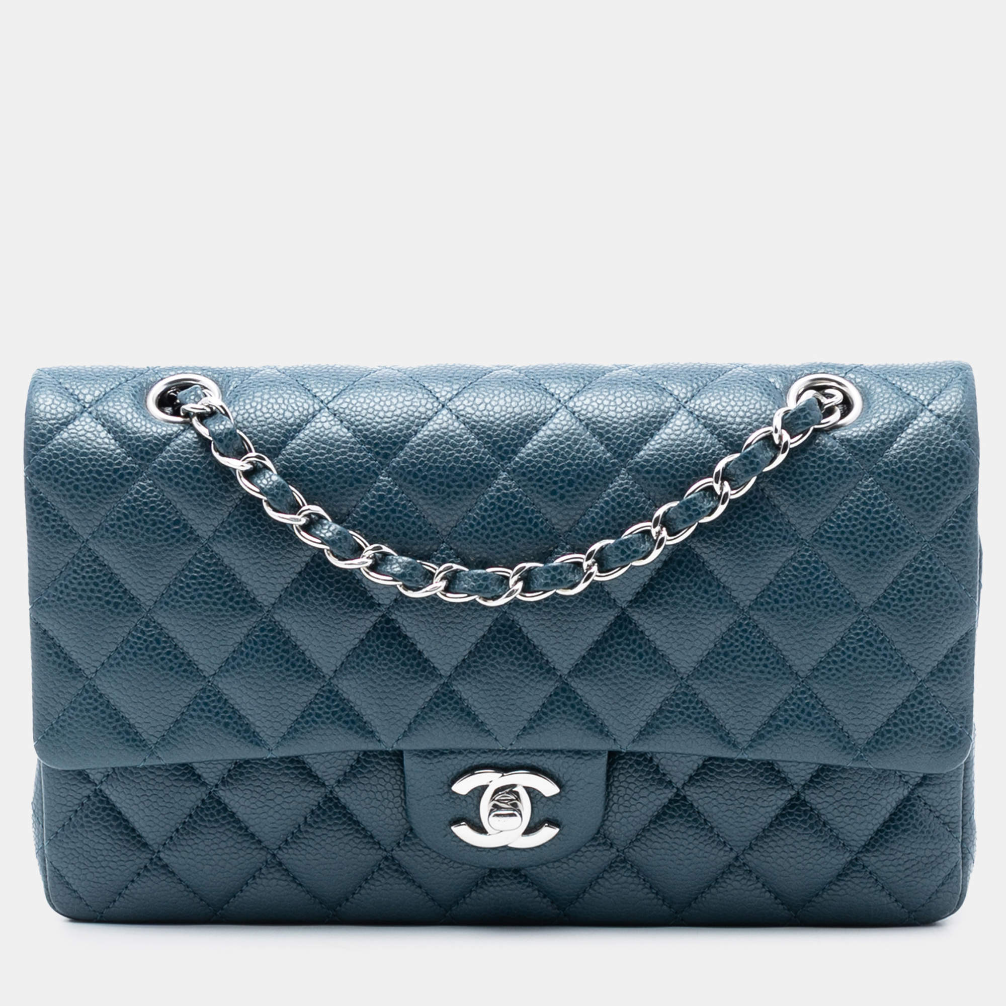 Pre Owned Chanel Blue Medium Classic Caviar Double Flap