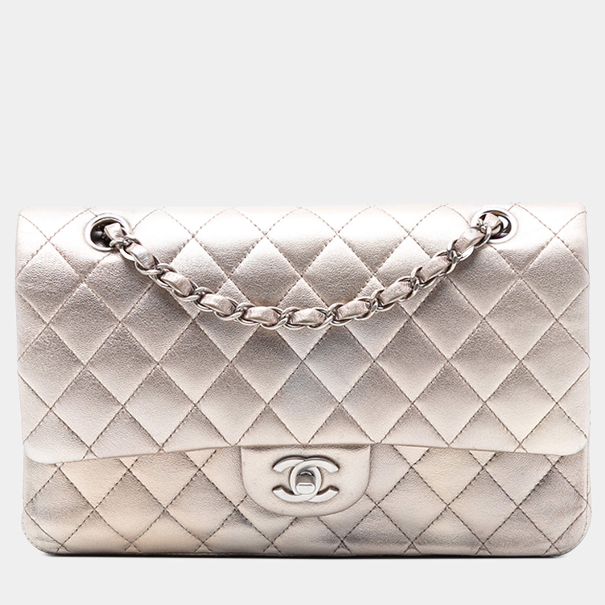 Pre Owned Chanel Gold Medium Classic Metallic Lambskin Double Flap